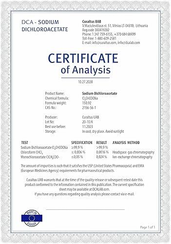 Miniatura 2 de DCA - Dicloroacetato de sodio 500mg, 60 cápsulas, pureza 99.9%, fabricado en Europa, por DCA-LAB, certificado de análisis incluido, probado en un