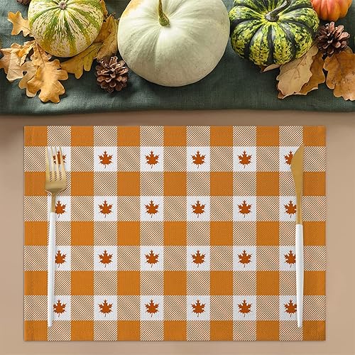 Miniatura 2 de Juego de 6 manteles individuales de otoño para el día de Acción de Gracias, hojas de arce, color naranja y blanco, a cuadros, resistentes al calor,