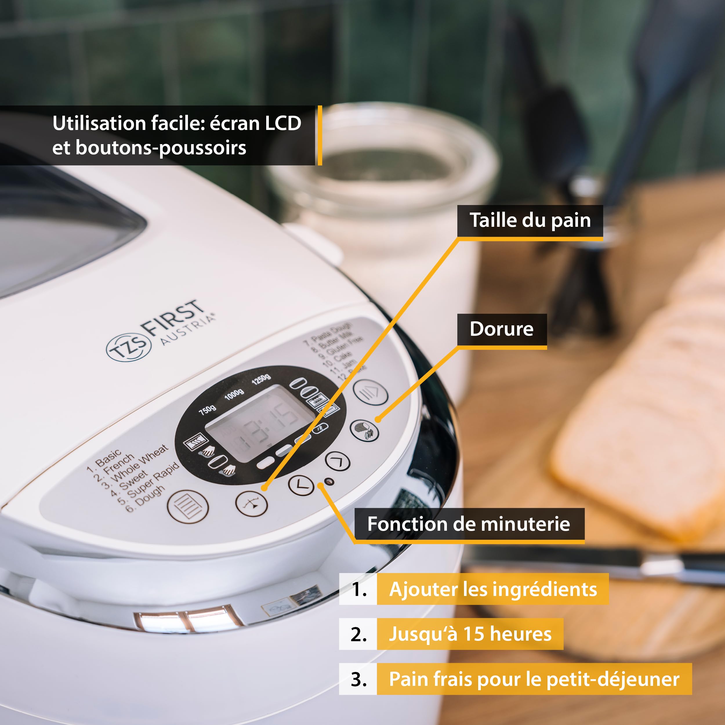 TZS First Austria - Machine à pain avec 12 programmes automatiques 850W - Pétrin électrique de 700-1250g - Avec hublot, minuterie, accessoires et fonction de maintien au chaud - Blanc