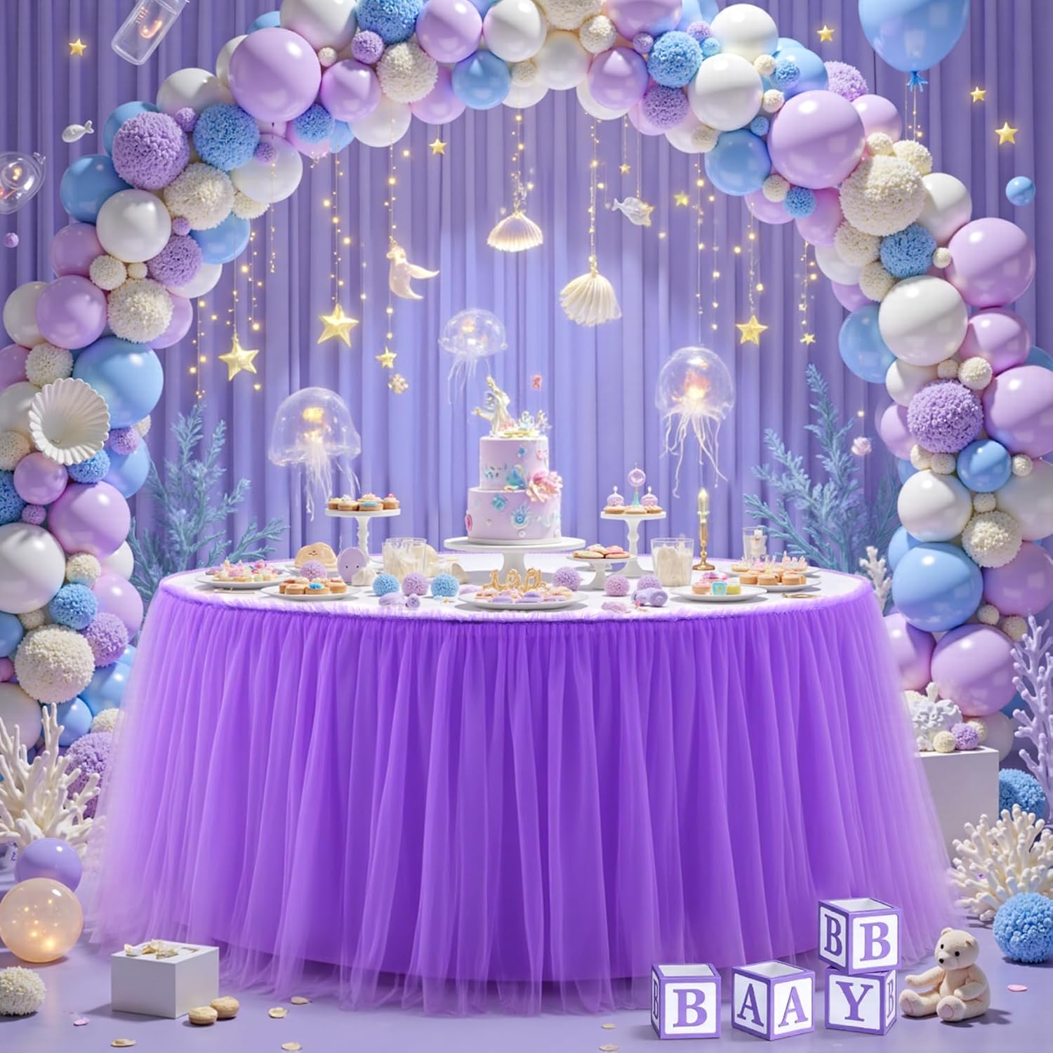 PARTISKY 12FT Length Purple Tulle Table Skirt for Rectangle Round Tables 2-Layer Ruffle Tulle Tutu Cloth Desk Table Skirt for Baby Shower Girl Birthday Party Wedding Cake Dessert Decorations