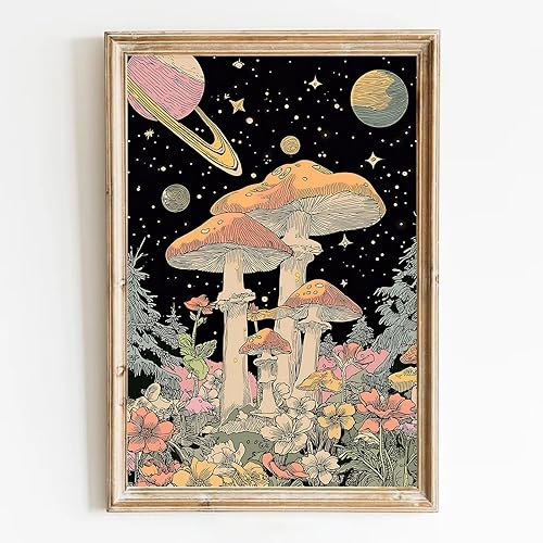 Impresiones de hongos vintage futurista, impresión artística surrealista de fantasía, póster de hongos del espacio exterior, imágenes caprichosas de