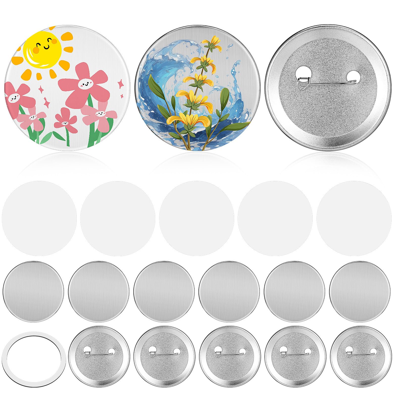 100sets Spille Per Bottoni in Vuoti Rotondi Forniture Per Badge Coperture Posteriori Conchiglie e Pellicole Trasparenti