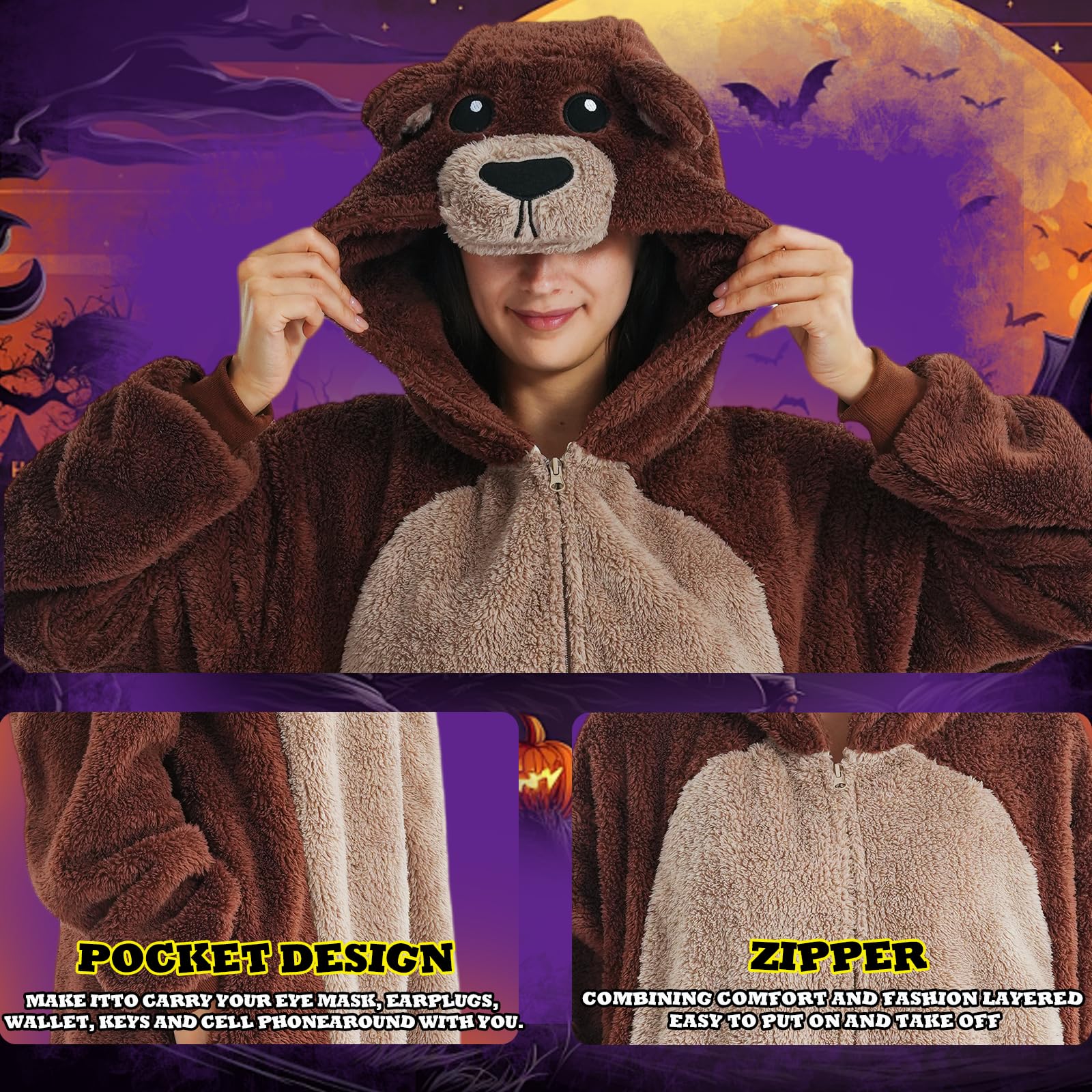 Beauty Shine Unisex Adult Onesie One Piece Pajamas Cosplay Cartoon Costume Halloween Christmas Sleepwear Jumpsuit Homewear: Small Brown Bear-1