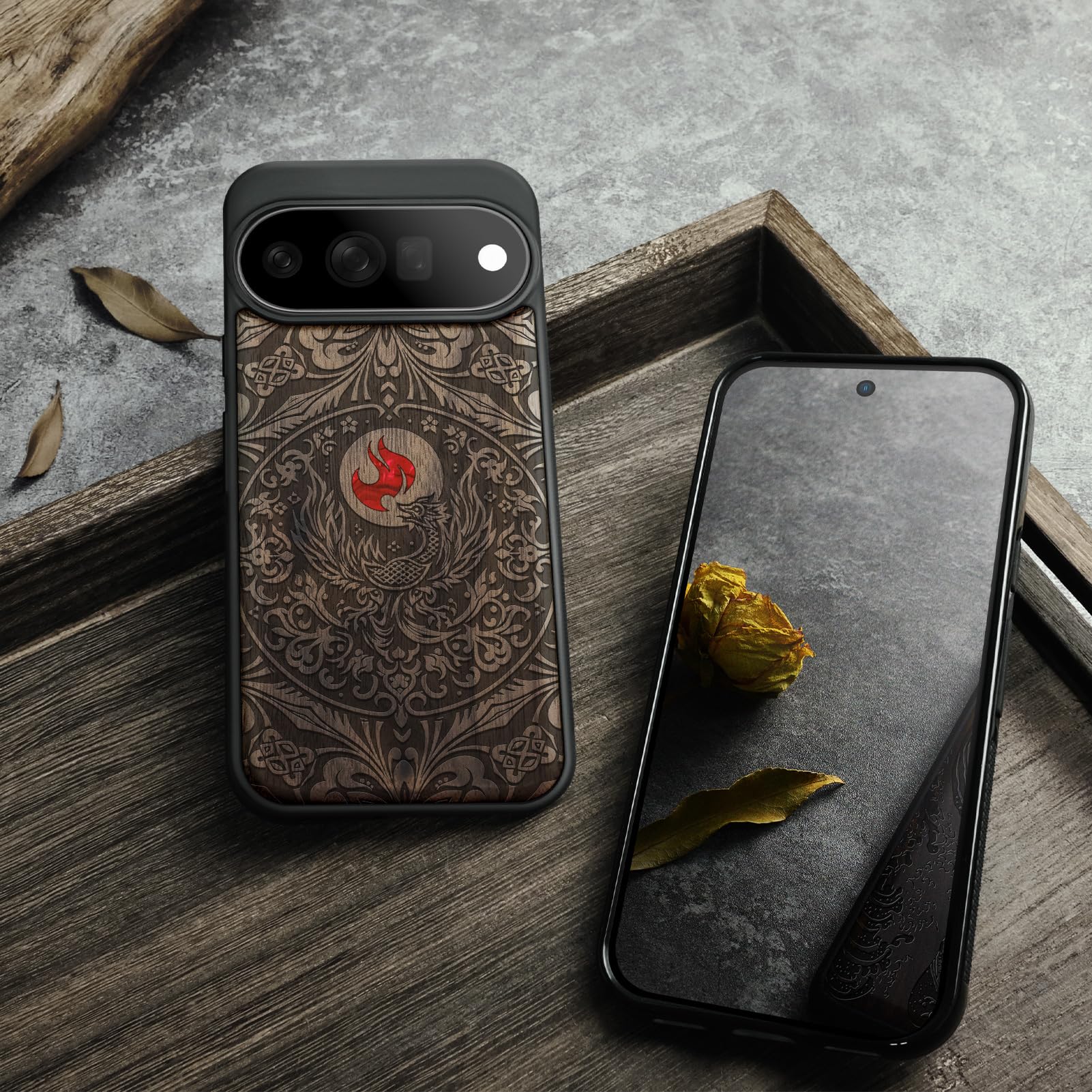 Carveit Madera Funda para Google Pixel 11 Pro (Nogal-Phoenix en simetría) | Compatible con MagSafe [Grabado en madera e incrustación de mejillones] Magnética Cover para Pixel 11 Pro Carcasa