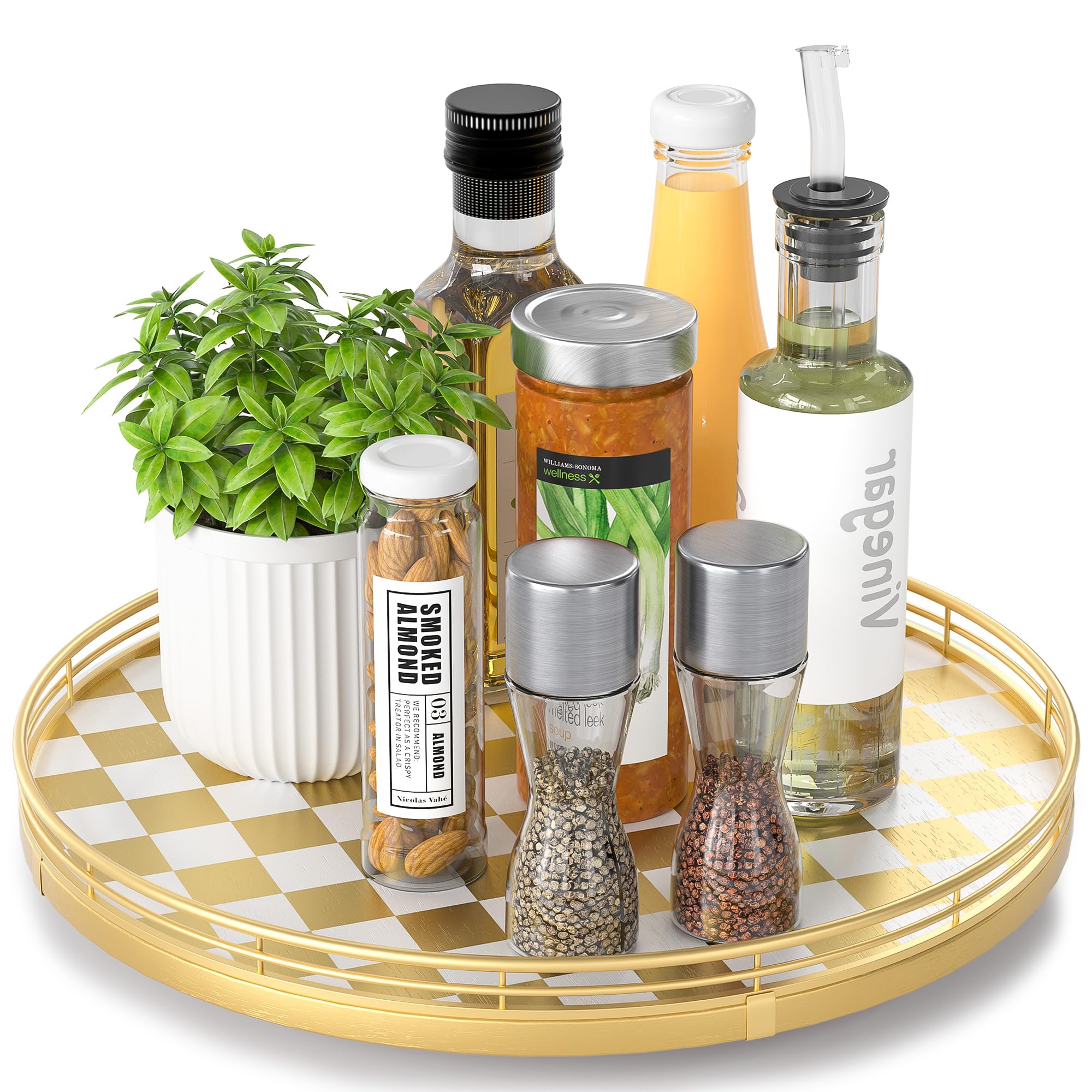 AMH 13-Inch Gold and White Checkerboard Lazy Susan with Rubberwood Base