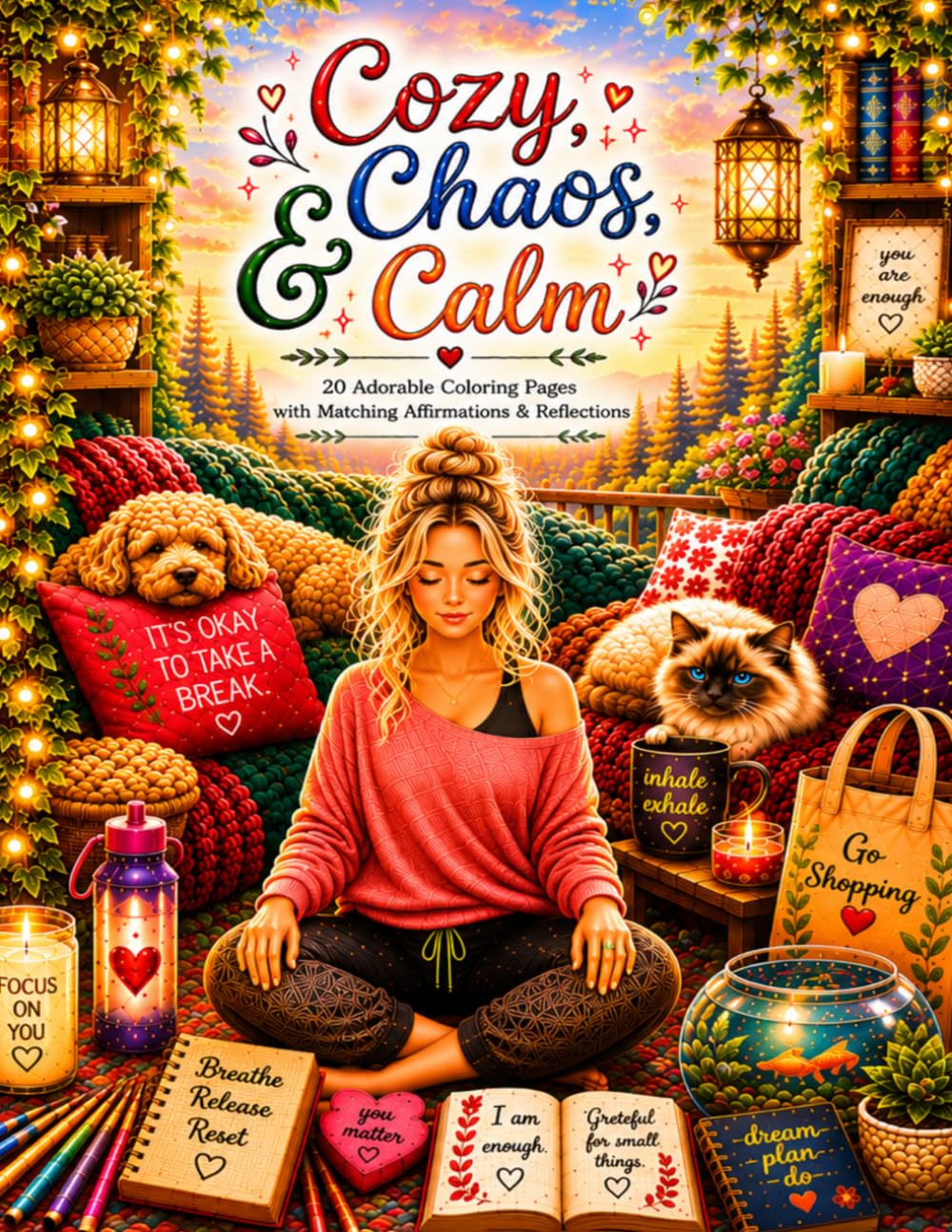 Cozy, Chaos, and Calm: 20 Adorable Coloring Pages with Matching Affirmations & Reflections