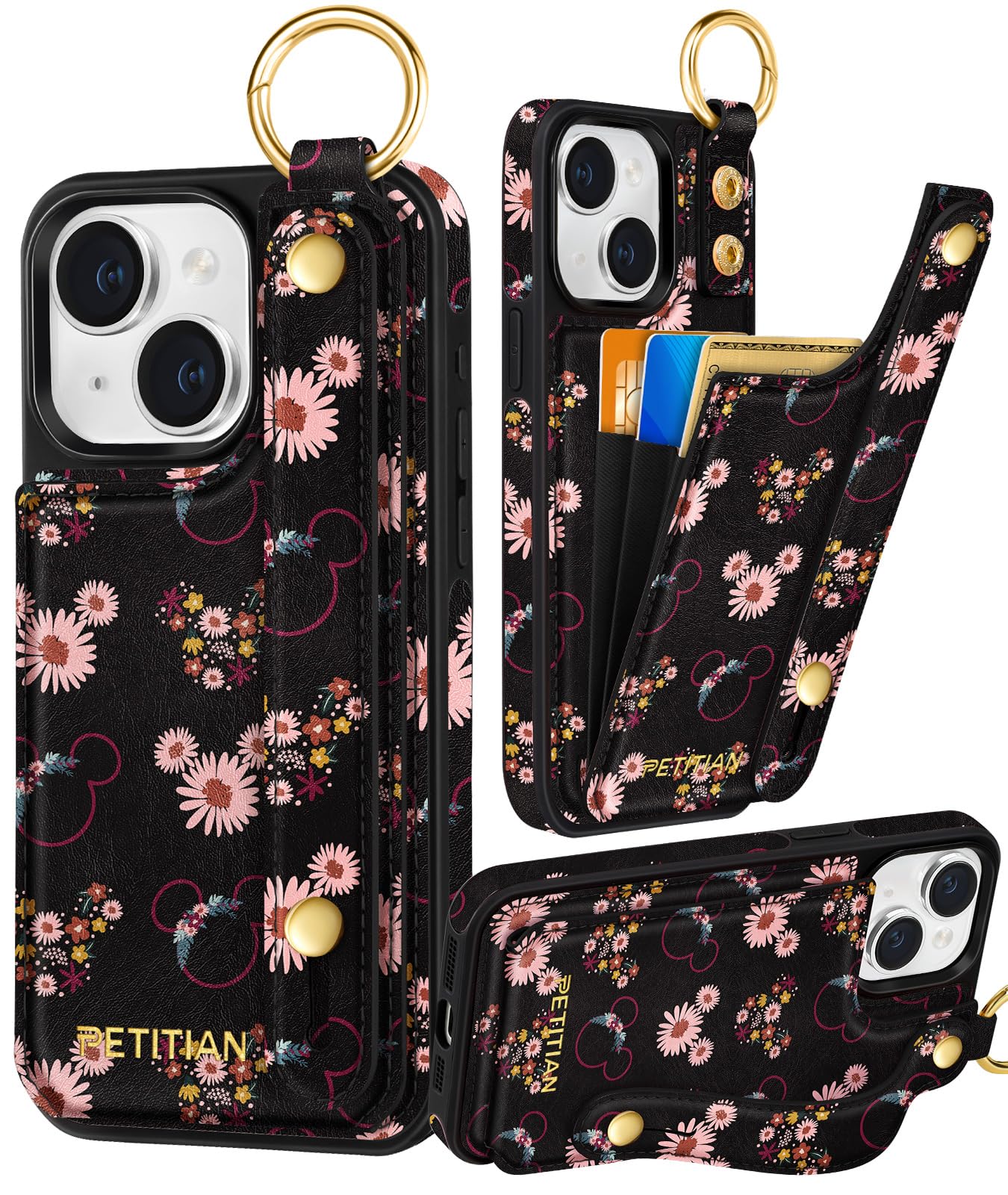 Petitian for iPhone 14/13 Case with Wallet - Women Girls Cute Girly Aesthetic Unique Design Leather Credit Card Holder Cardholder Stand Wristband for