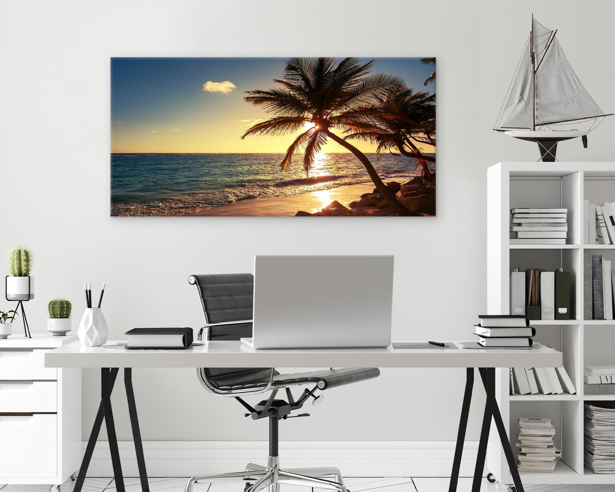 Muolunna S04998 Wall Art Decor Large Canvas Print Picture Sunset Ocean Beach Waves 1 Panel Coconut tree Scenery Painting Artwork for Office Home Decoration Stretched and Framed Ready to Hang