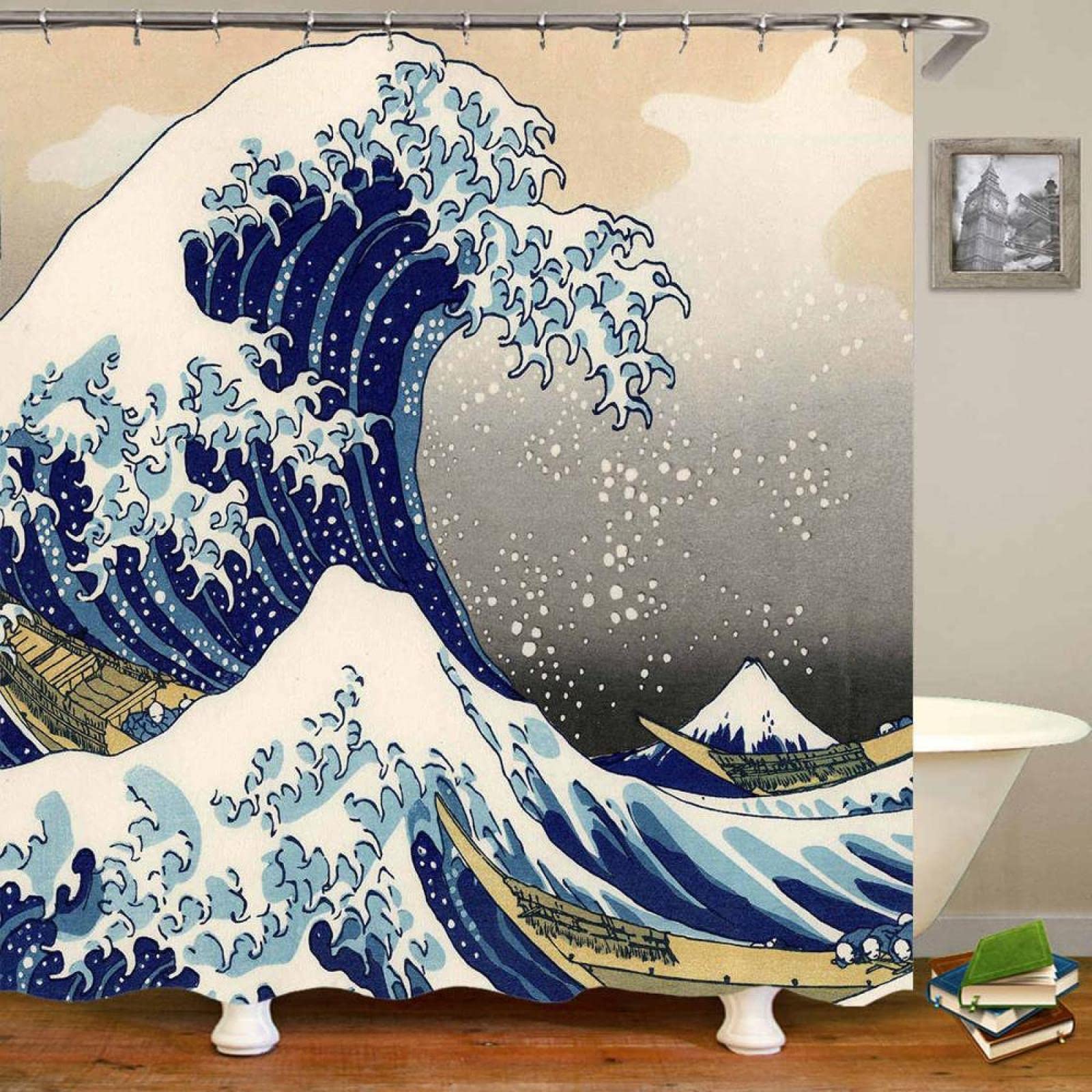 XIANGPEIFBH Japanese Art The Great Wave Shower Curtain Funny Stylish Ukiyo Hokusai Painting Bath Curtain Bathroom Decor Artwork 168x183cm/66x72in(WxH)