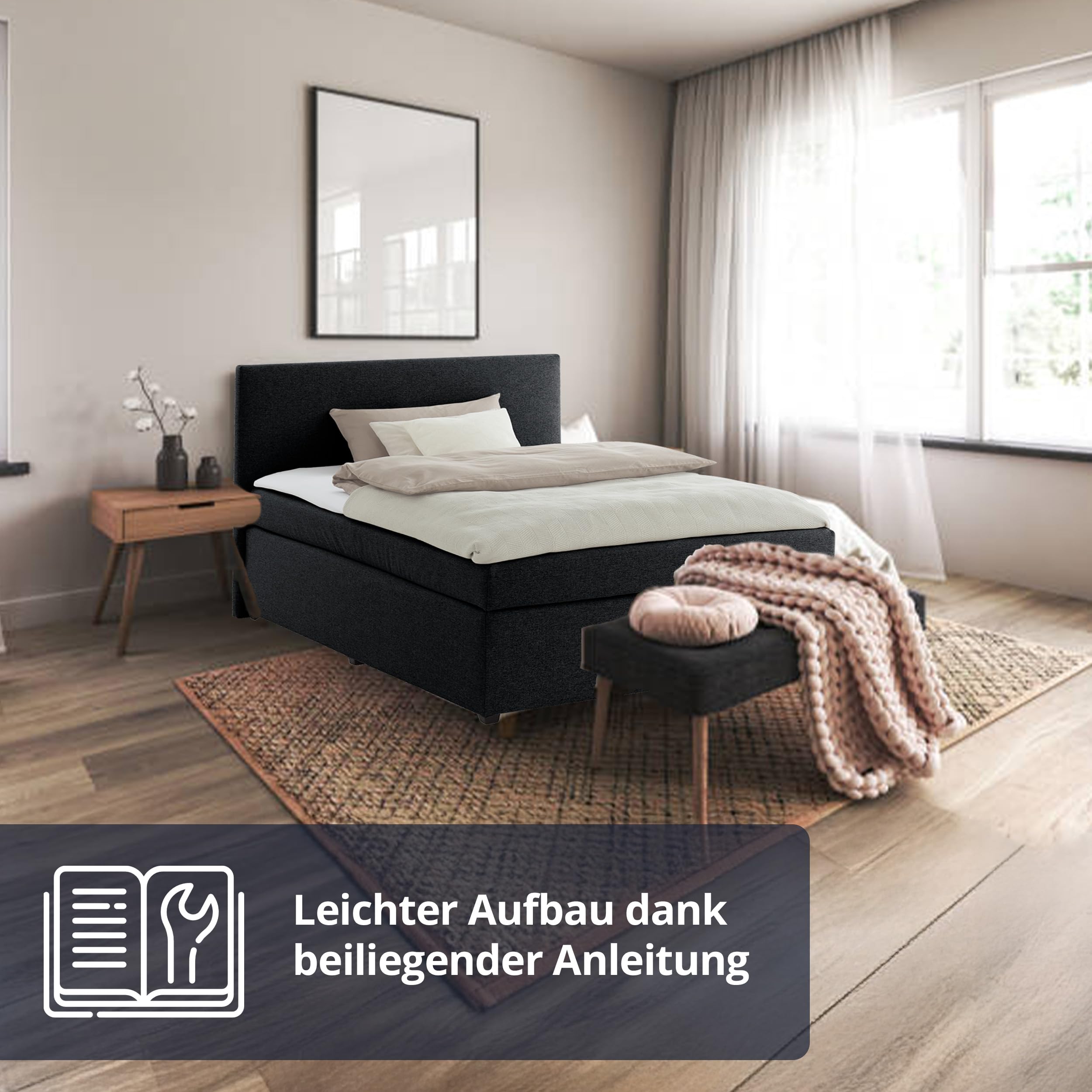 KHG Boxspringbett schwarz Härtegrad H3 mit Matratze Bonellfederkern und Topper 100% Polyester Schaumstoffkern Gestell Holzwerkstoff gepolstert stoffbezogen zeitlos