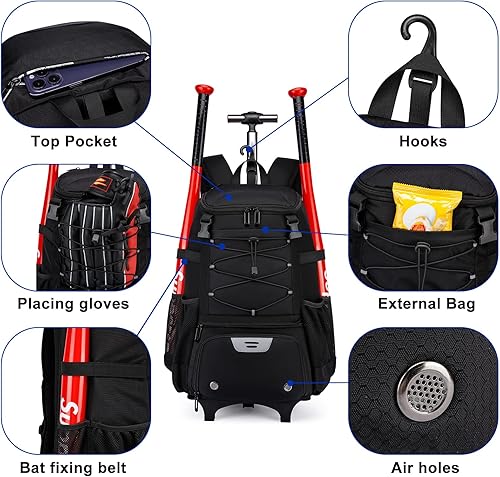 Miniatura 4 de Bolsa de béisbol con ruedas para adultos, bolsa de béisbol con gancho para cerca, guante de bateo, casco, bolsa de murciélago con compartimento para