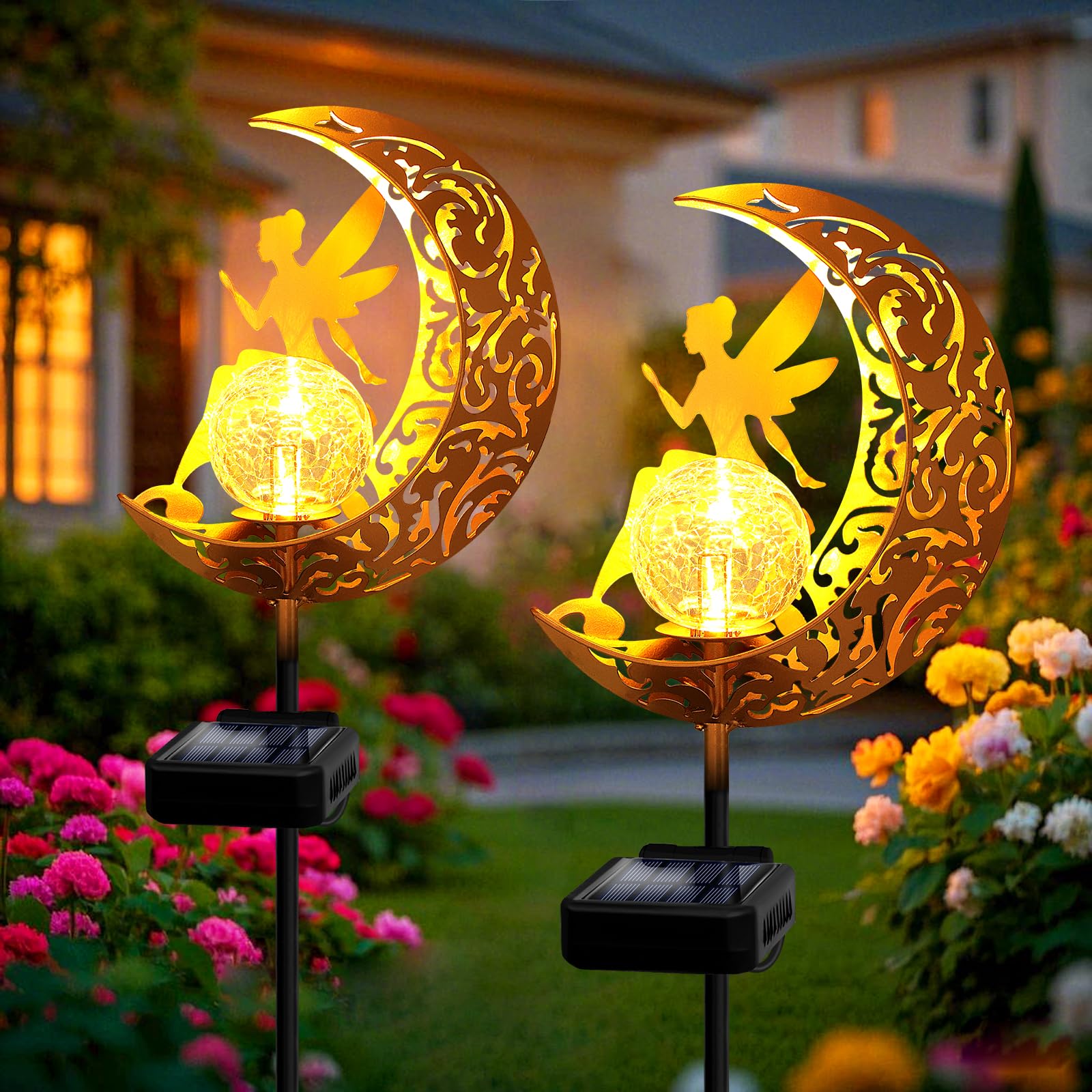 Luces LED Solares Auto On/off Luces Solares Jardín Con Bola De Vidrio - Decoración Exterior Hadas Luna IP65 Impermeable Luz Solar Jardín
