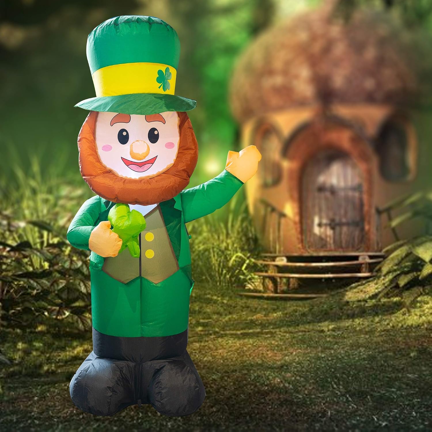 FUNPENY 4 Feet Inflatable St Patrick's Day Decoration, Blow Up Leprechaun with Green Hat and Lucky Clover in Hand for Indoor Outdoor Lawn Yard