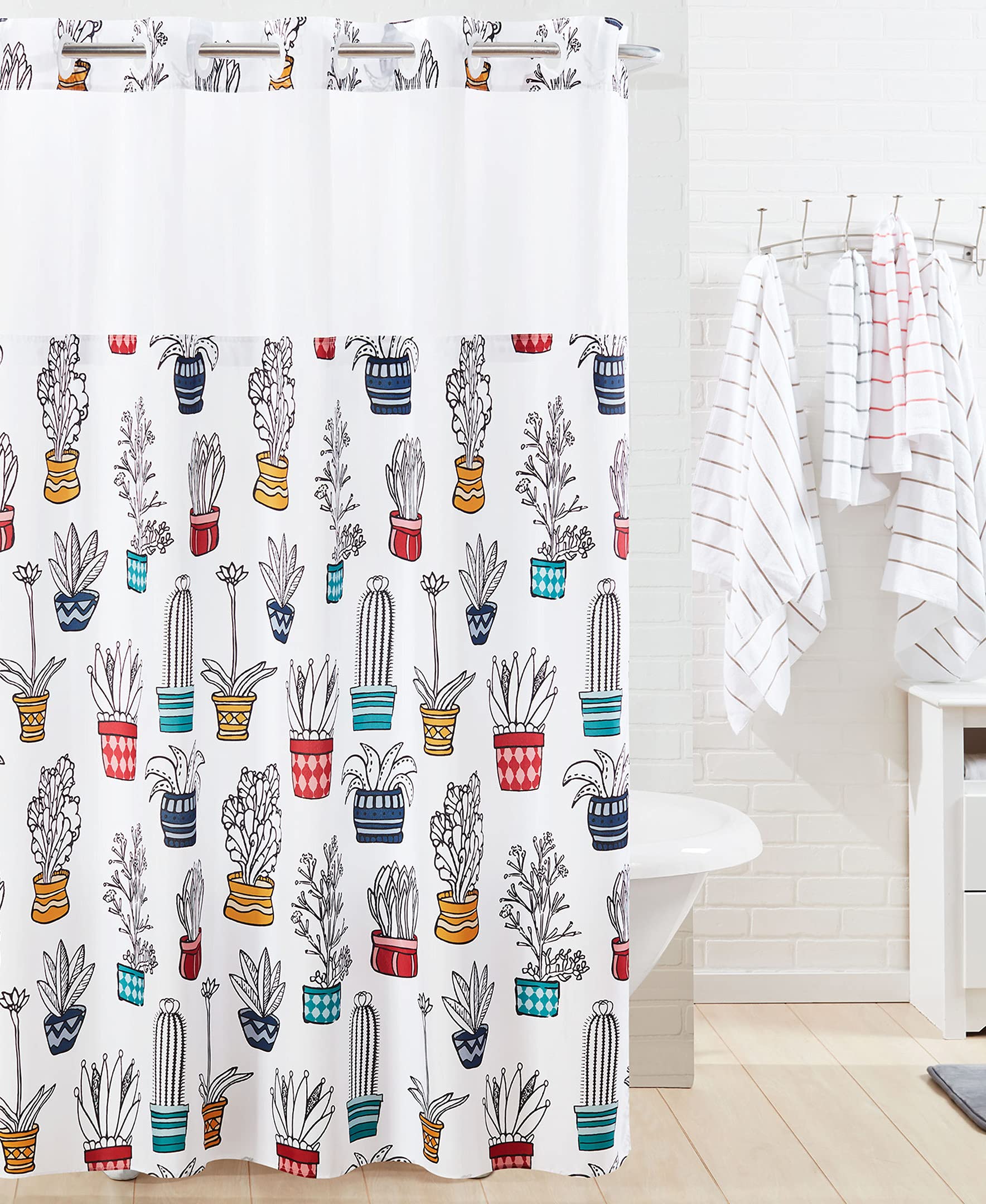 Hookless Cactus Print Fabric Shower Curtain Set with PEVA Snap-in Liner, No Hooks Required, Machine Wash, Stamdard Size Measures 71