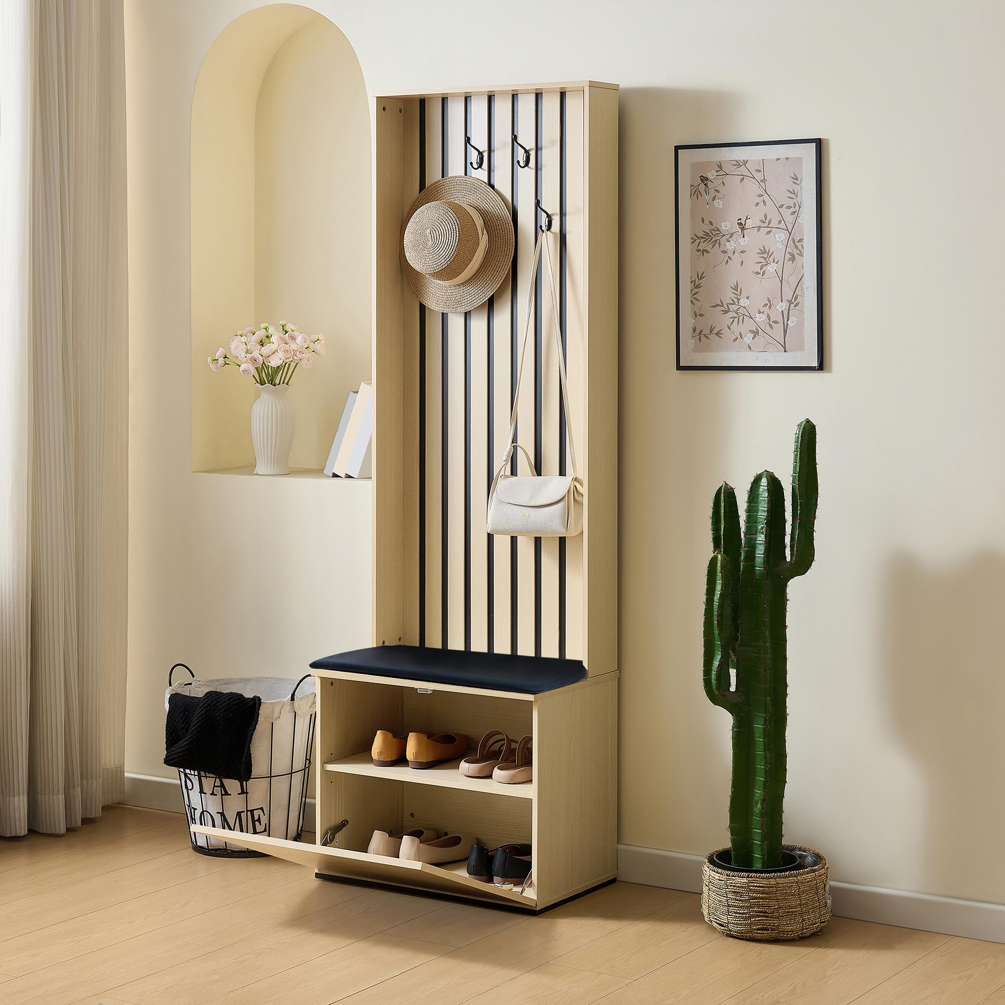 Nowoczesna szafa garderobiana z ławką do siedzenia i miejscem do przechowywania butów – organizer z 4 haczykami, miękka tapicerka siedziska i schowki – stylowe, funkcjonalne rozwiązanie do przedpokoju