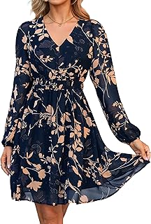 Simplee Womens Floral Mini Dress Long Sleeve Casual V Neck Chiffon Modest Boho Flowy Fall Wedding Guest Dresses