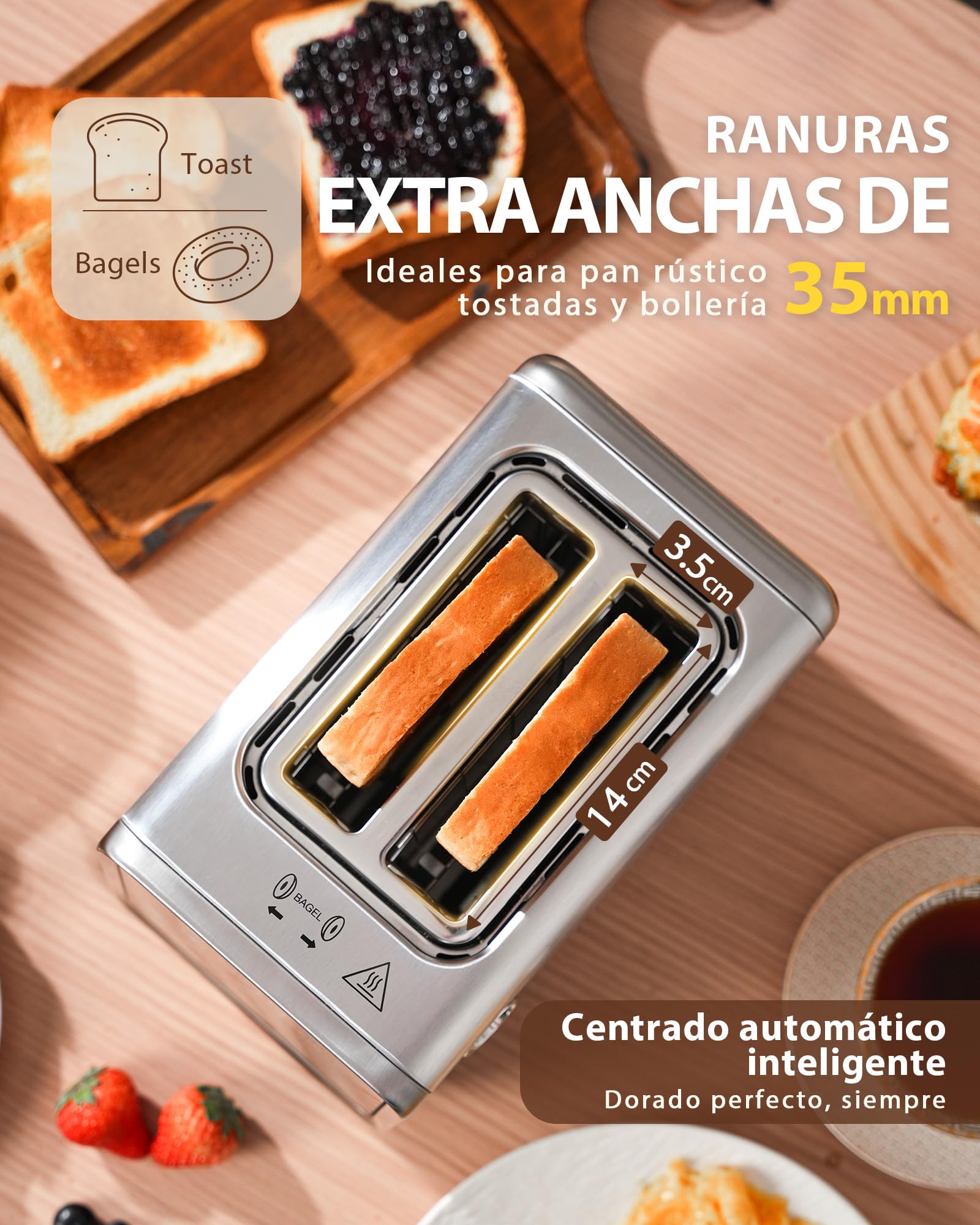 Tostadora de 2 Rebanadas de Acero Inoxidable con Pantalla Táctil Grande, Cuenta Atrás LED y Memoria, Modos Una Rebanada y Bagel, Pinza para Sándwich, Calientapanecillos