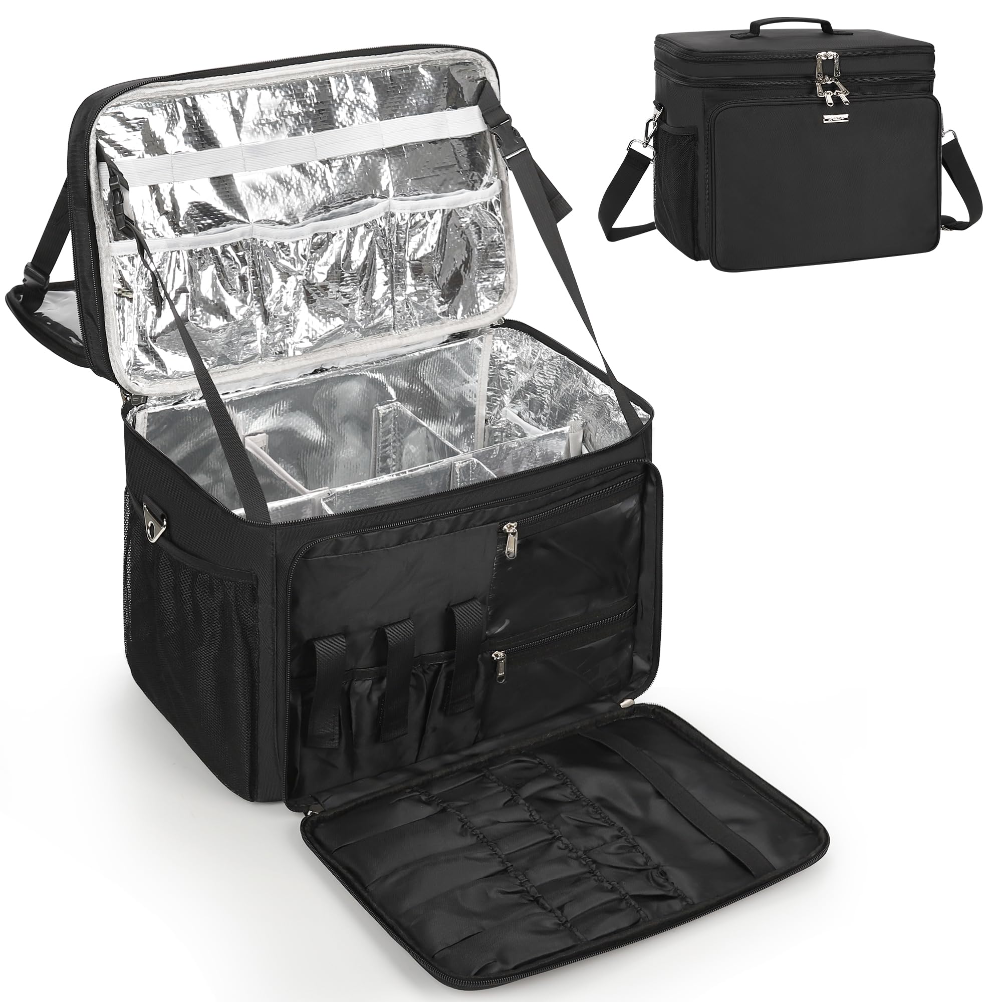 Twofold Hairstylist Traveling Bag, Heat Resistant Cosmetology Bag for Hairstylists, Dual-Layer Design with Detachable Dividers, Multi-Functional Hair Tools Organizer for Travel - Black