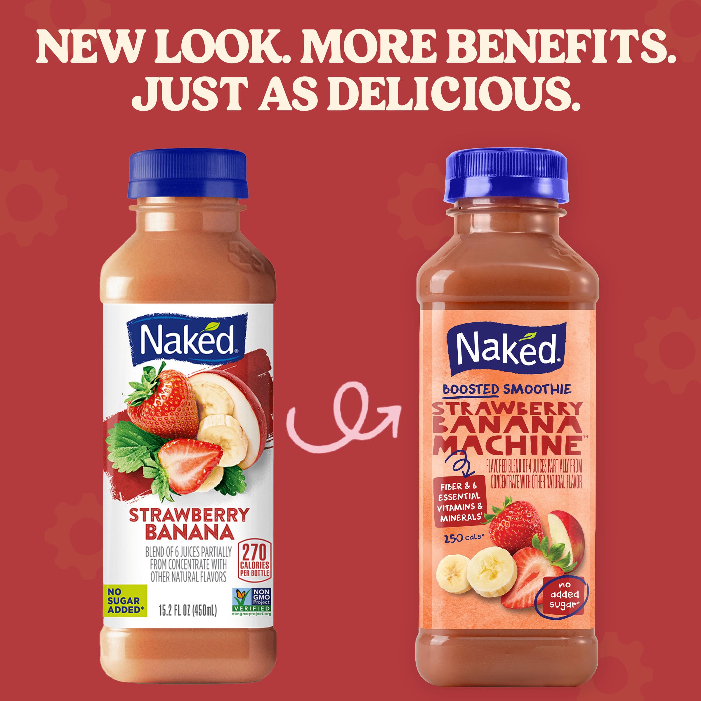 Naked Boosted Smoothie Strawberry Banana Machine, 15.2 fl oz Bottle - Real Fruit Juice Smoothie with Fiber, Excellent Source of Vitamin C and Vitamin E for Immune Support