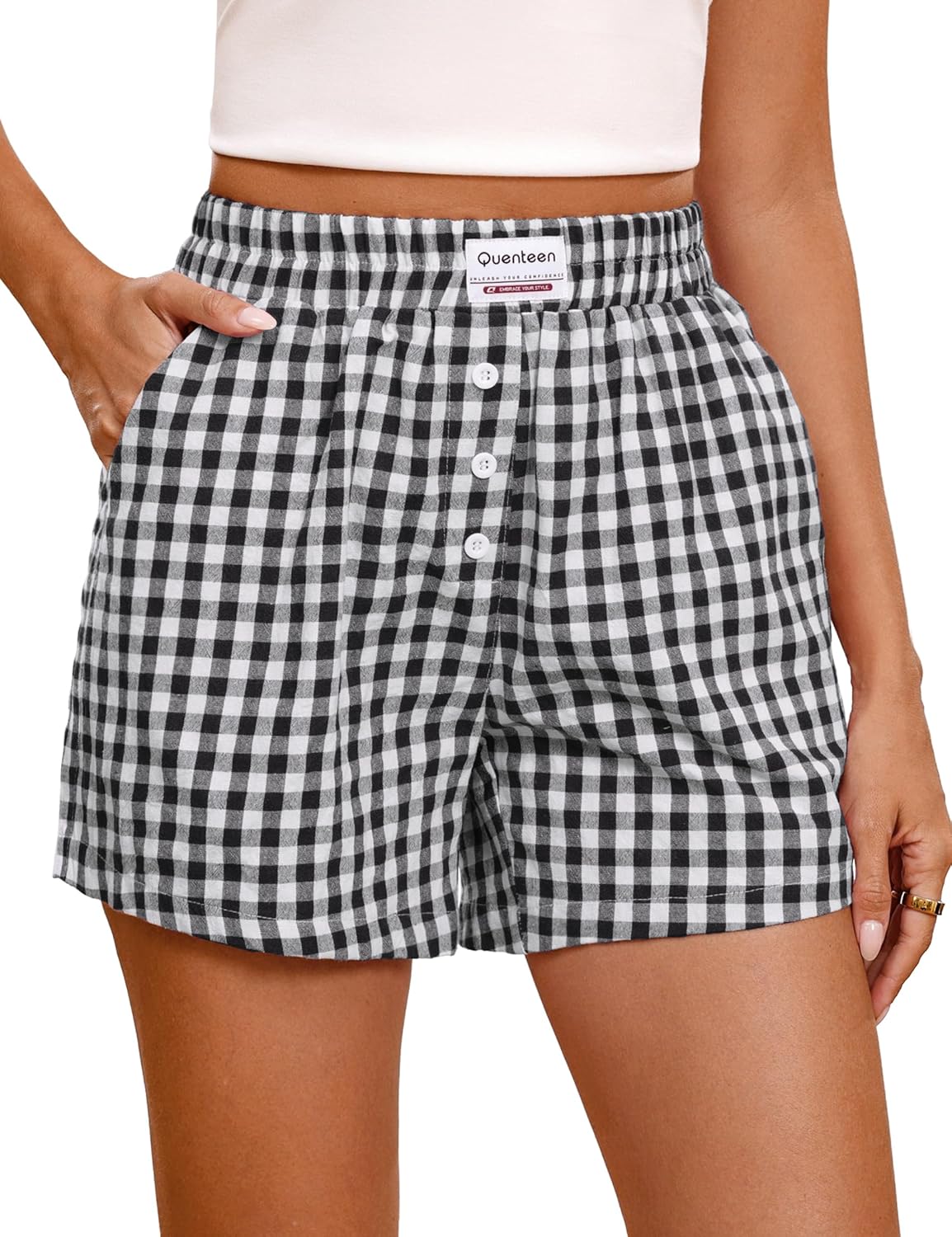 Quenteen Women's Boxer Shorts Summer Gingham Striped Drawstring Plaid Lounge Shorts Y2K Beach Bottoms - Image 2