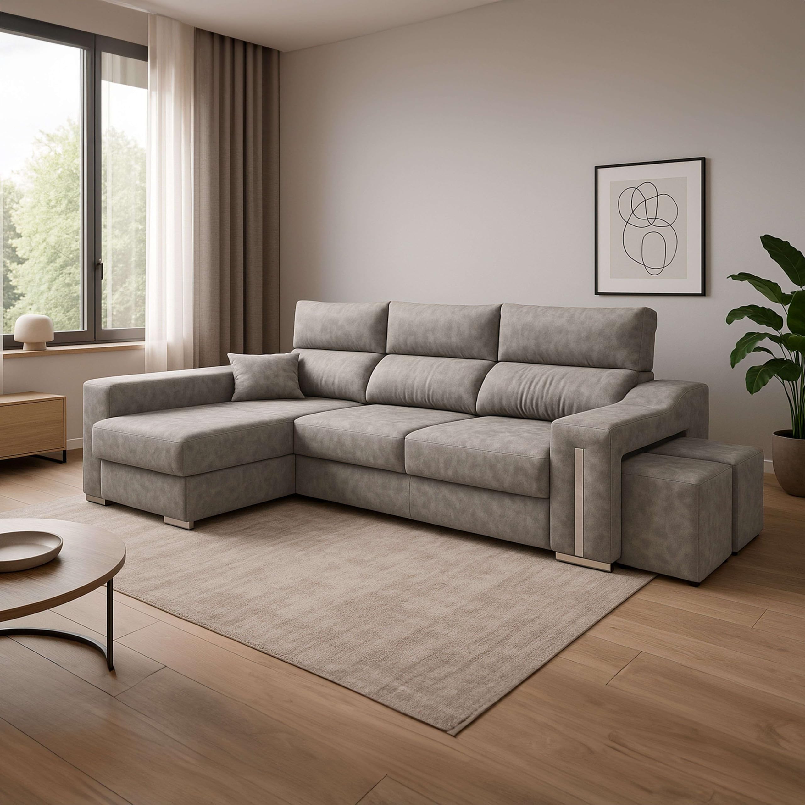 Miroytengo Sofá Chaise Longue Oscar Izquierda 3 Plazas, Arcón, 2 Puffs, Asientos Extensibles Gris Cemento 263 cm