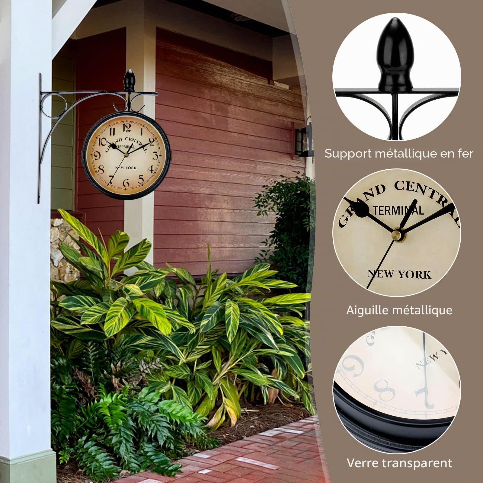 Horloge Murale Horloge Double Face avec Support, Style Rétro, Horloge de Gare New York, 25cm Grande Horloge Murale, Horloge Metal pour intérieurs et extérieurs, Jardin, Terrasse(01)