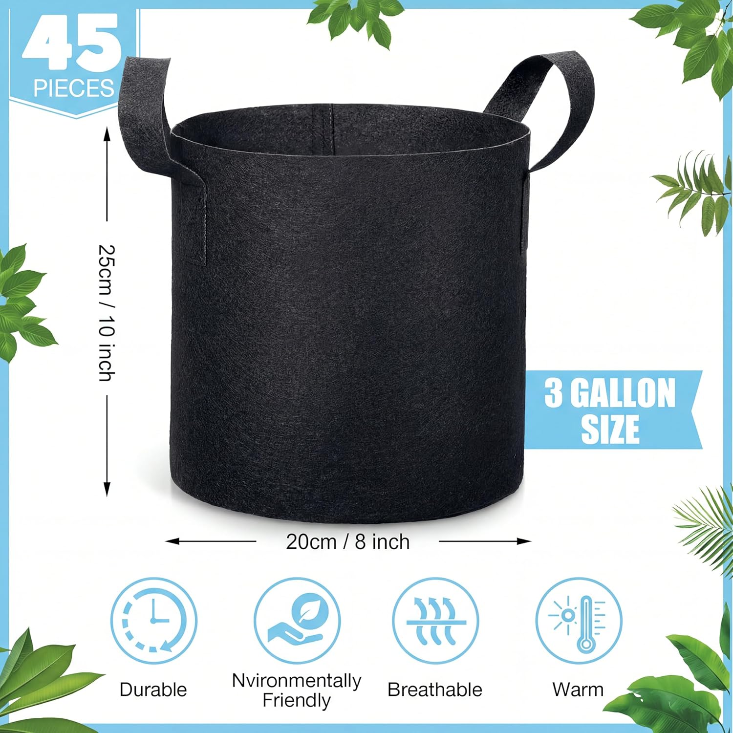 45 Pack Grow Bags Aeration Fabric Planter Pots Nonwoven Grow Bags with Handles Black Plant Container Bucket for Garden Planting Vegetable Flower Potato (3 Gallon) - Image 2