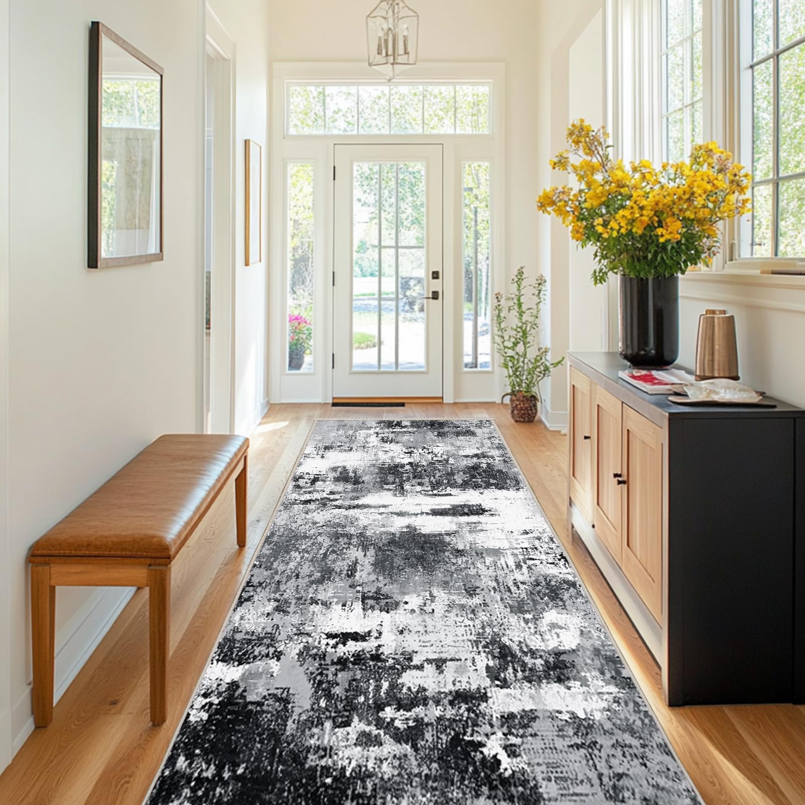 Chicnix Teppich Flur Küche 80x300, Teppich Läufer Waschbar Kurzflor rutschfest für Schmalen Gang, Moderner Abstraktem Malerei Teppiche für Eingangsbereich Schlafzimmer Dekor, Schwarz Weiß