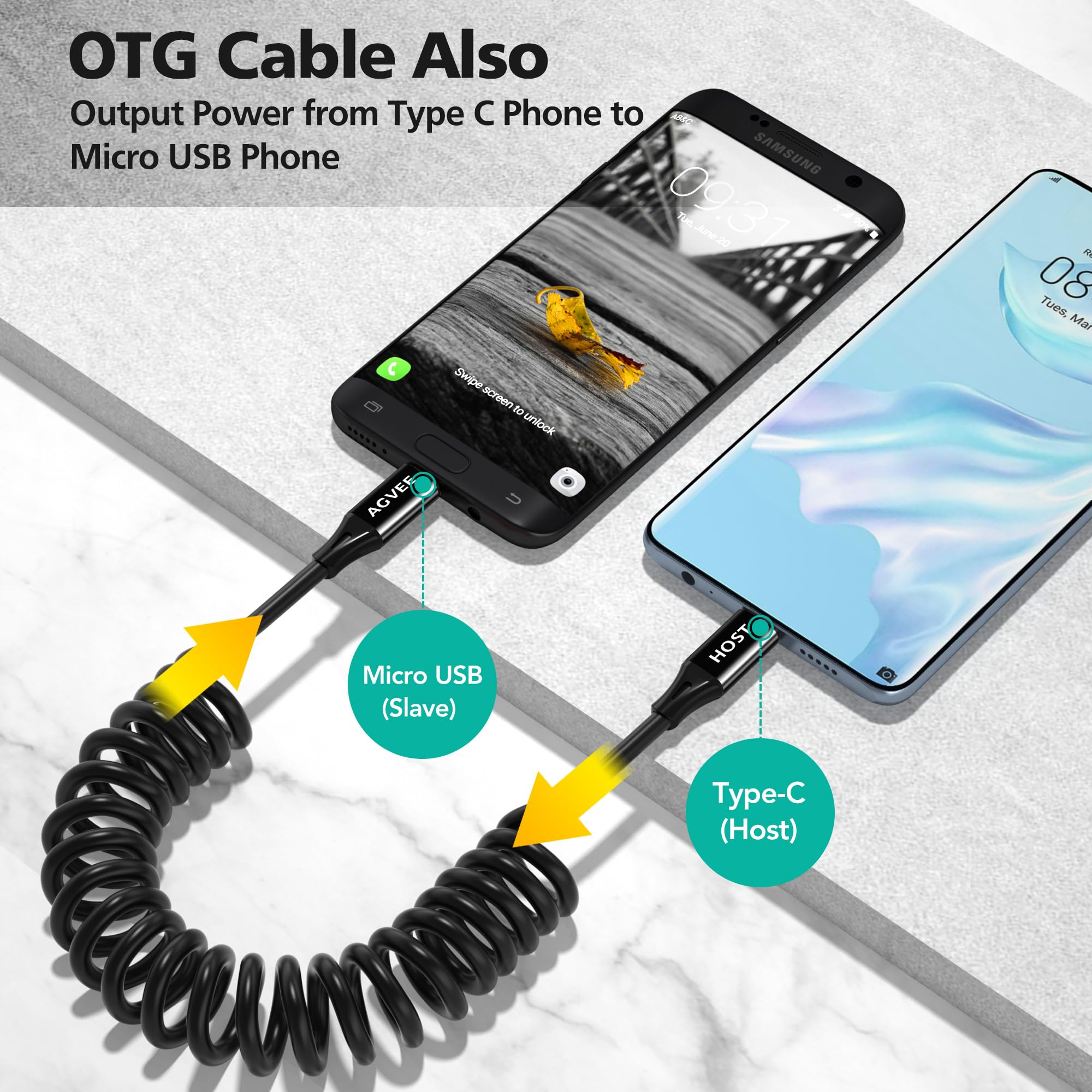 AGVEE Cavo di ricarica a spirale da USB-C a micro USB da 0,9 m, certificato USB-IF, 2 A, ricarica rapida, cavo di sincronizzazione dati per controller Xbox One, PS4, Kindle, vecchio telefono Android