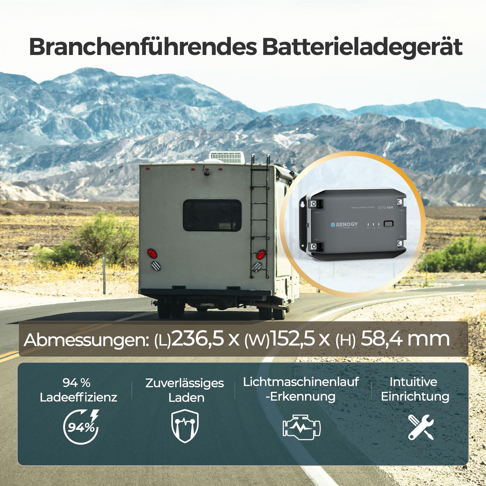 Renogy Cargador de Batería de CC a CC 12V 40A, Convertidor Inteligente para Baterías de Inundación, Gel, AGM y Litio, para Autocaravanas, Camiones, Autocaravanas, Vehículos Comerciales, Barcos y Yates