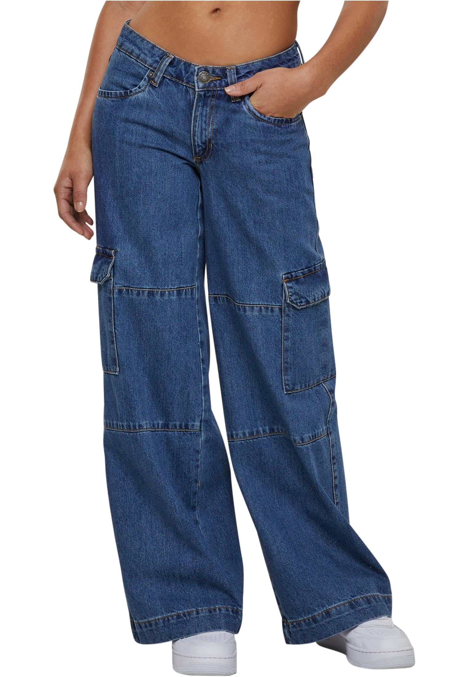 Urban Classics Women's Ladies Low Waist Cargo Denim Pants, Mid Indigo Washed,