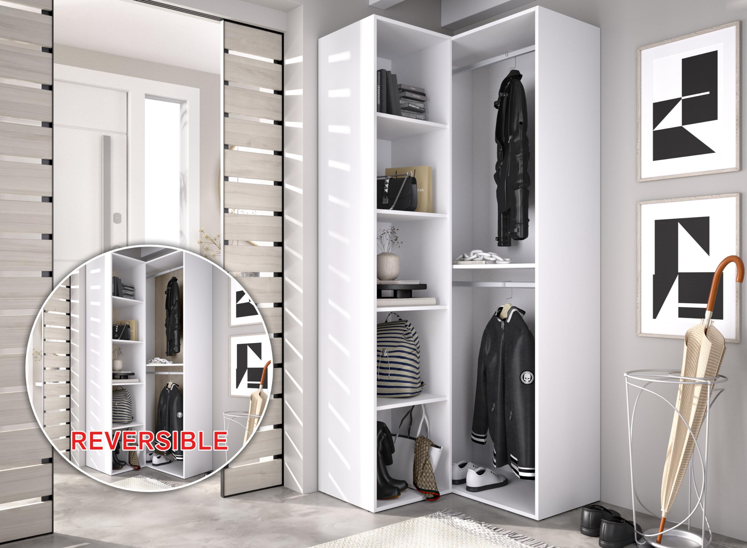 DEKIT GRUPO RIMOBEL SUIT - Armario-vestidor rinconero con trasera reversible - BLANCO/NATURAL - 205 x 84,5 x 84,5