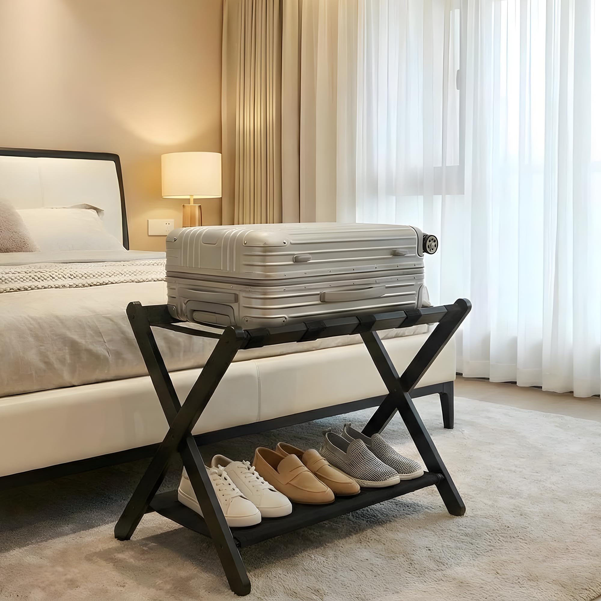 2er-Set Klappbarer Bambus Kofferständer Schwarz mit Canvas-Ablage, Platzsparender Gepäckhalter 67x47x51 cm, 2,8 kg pro Stück ideal für Hotel & Gästezimmer