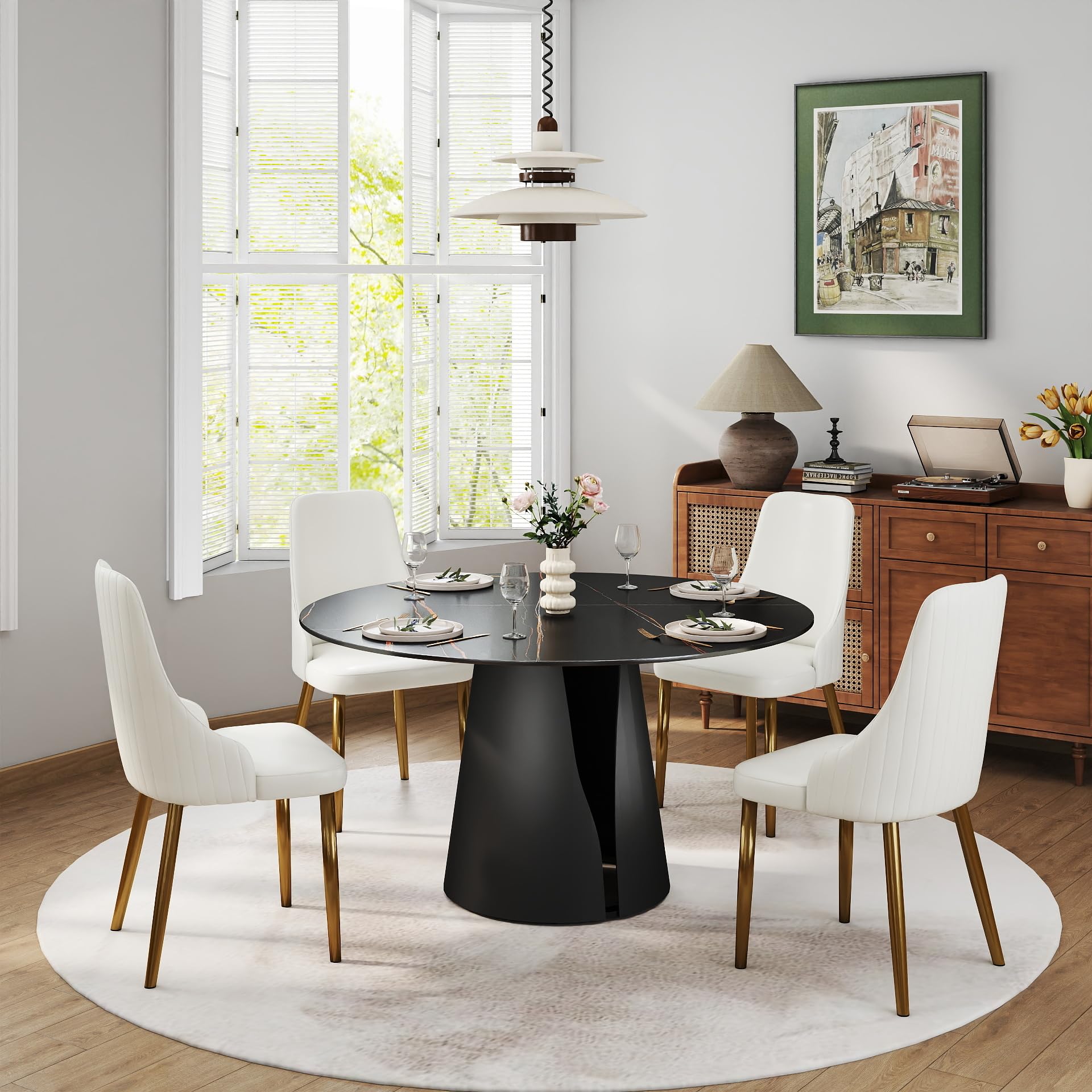 Sdorens Modern Round Dining Table, Sintered Stone Black Tabletop, Kitchen Table with Solid Carbon Steel Base, 53" Black Dining Table for 6