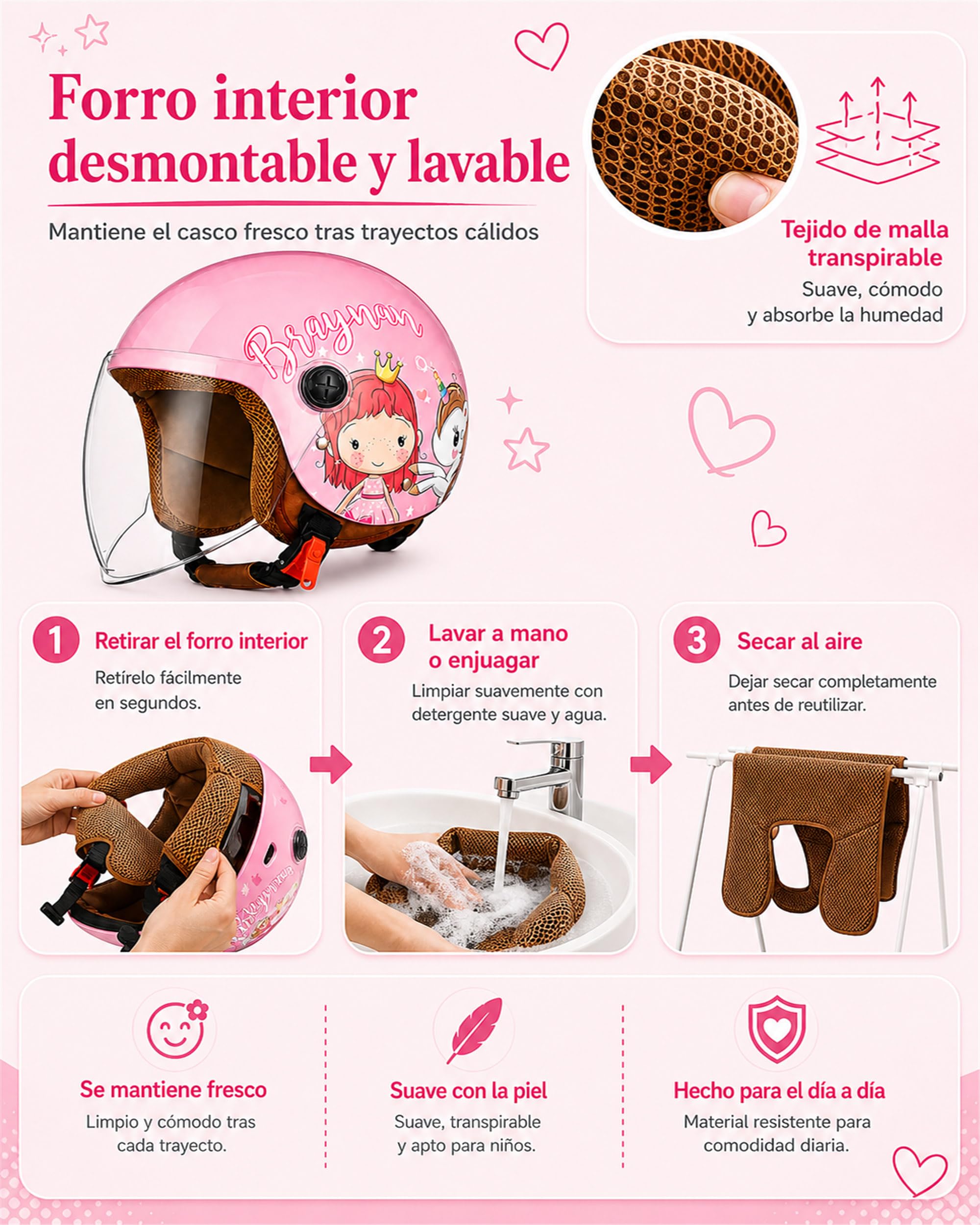 Casco Moto para niños, Casco Jet con Visera, Casco de ciclomotor para , Bolsillo de liberación rápida, 48-55cm, 3 a 12 años, Rosa