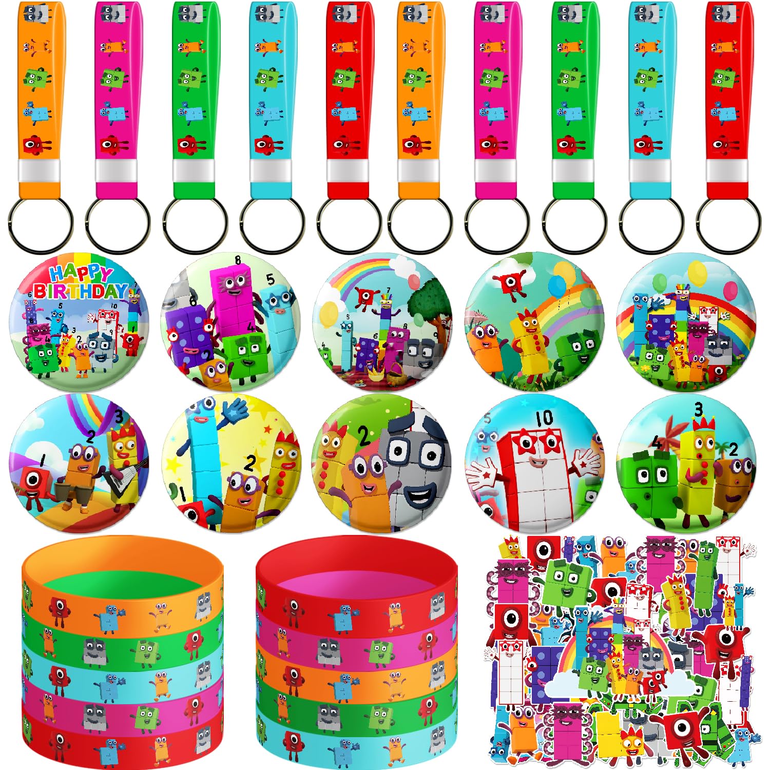 80Pcs Party Supplies, Birthday Party Decoration Include 10 Keychains, 10 Bracelets, 10 Button Pins, and 50 Stickers Birthday Party Decorations
