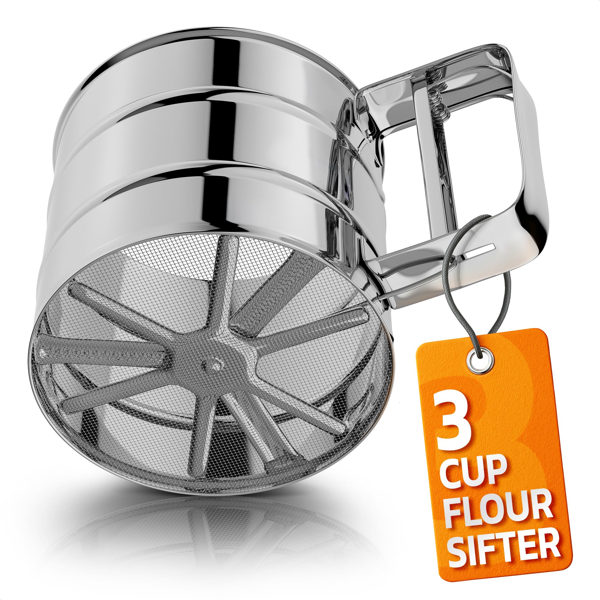 Flour Sifter for Baking – 3 Cup Flour Sifter Stainless Steel with Dual-Blade, Ergonomic Handle, Reinforced Base, Rust-Resistant and Easy to Wash – For Powdered Sugar, Cocoa, and Daily Baking Tasks