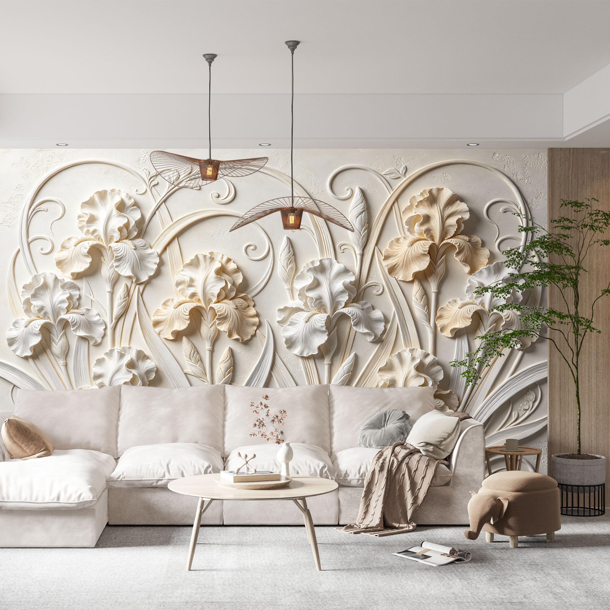 Elegancka fototapeta z kwiatem irysa 3D rzeźba kwiat kwiat włóknina tapeta luksusowa neoklasycystyczny ogród botaniczny fototapeta 350 x 256 cm kremowa biała okładzina ścienna do salonu sypialni