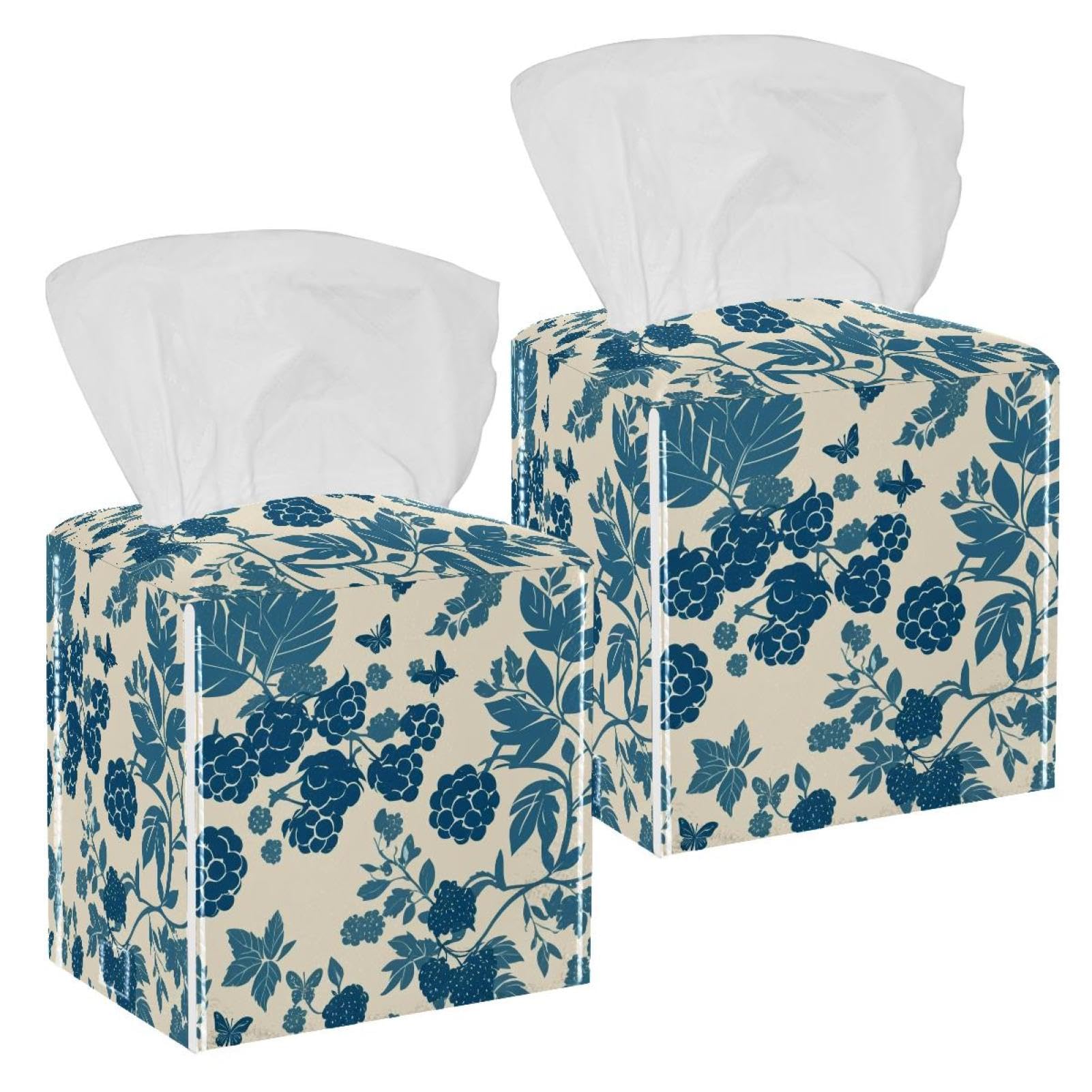 Artistic Leaves Tissue Box Cover, 2 Pack PU Leather Square Facial Tissue Dispenser Box holder for Home Office Car