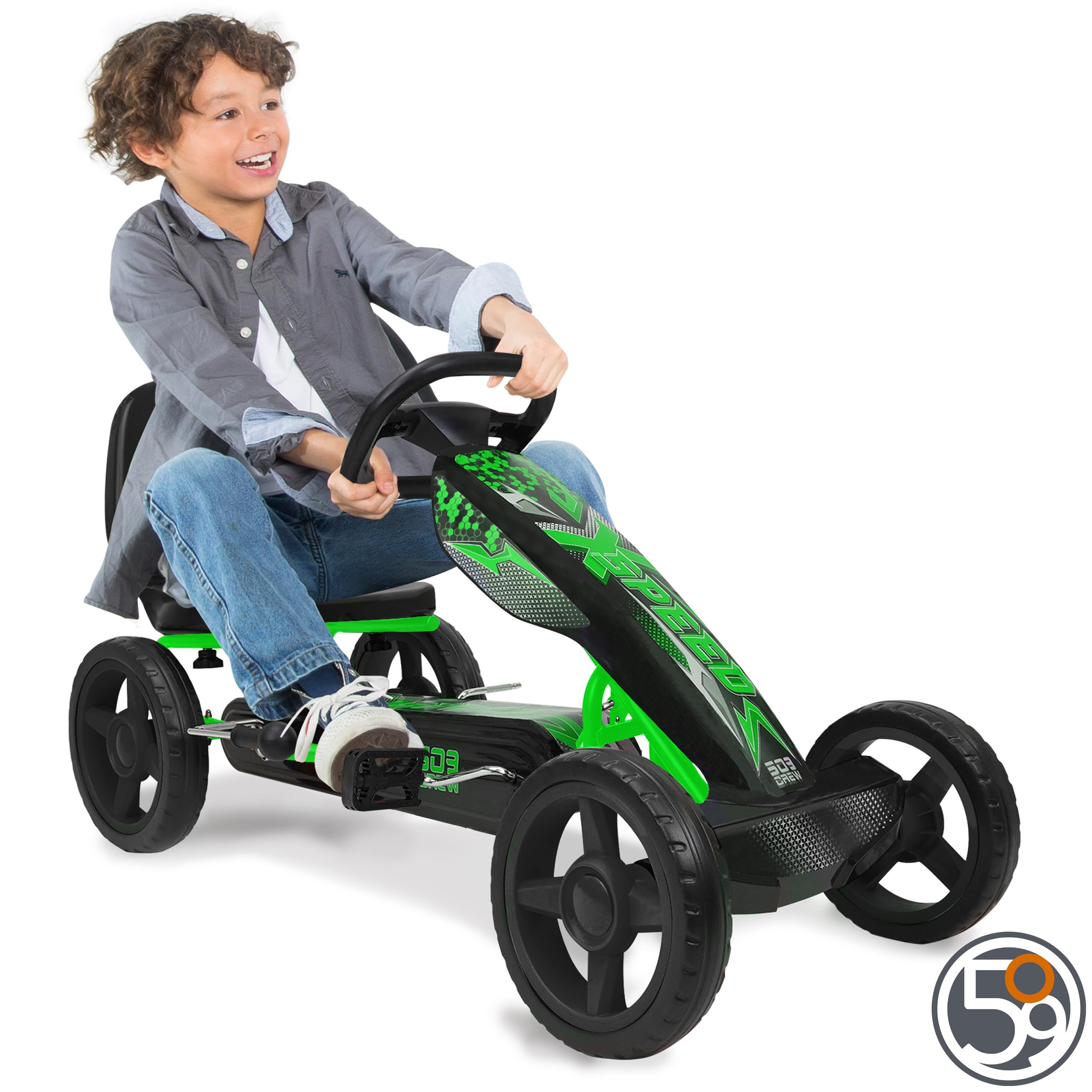 509 Crew XSpeed Pedal Go Kart, Pedal Car, Ride On, Sporty Graphics on The Front Fairing, Adjustable Seat, 4 Spoke Rims 25cm (10") Eva Wheels, Sporty Steering Wheel, with Hand Brake, Ages 4+ (Green)