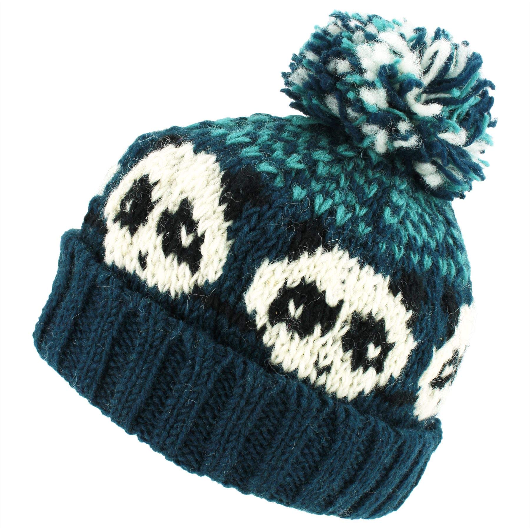 Loud Hats Wool Knit Bobble Beanie Hat - Panda - Teal Green