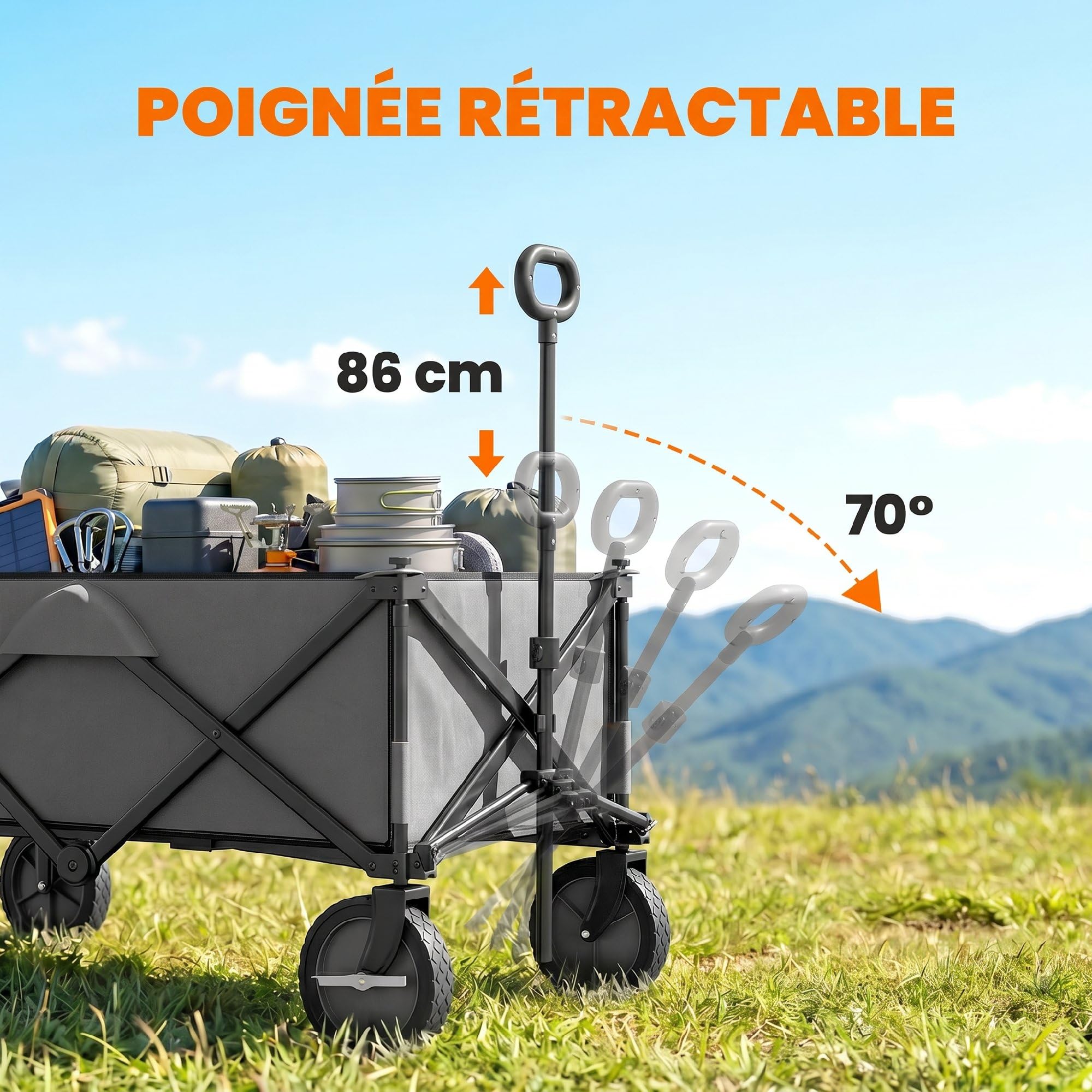 Outsunny Chariot de Plage Pliable 4 Roues, 108 x 55 x 93 cm Gris Foncé | Chariot de Transport, Bâche Amovible, Poignée Télescopique, Inclinaison Réglable, Plateau Pliable, 5 Sacs de Rangement