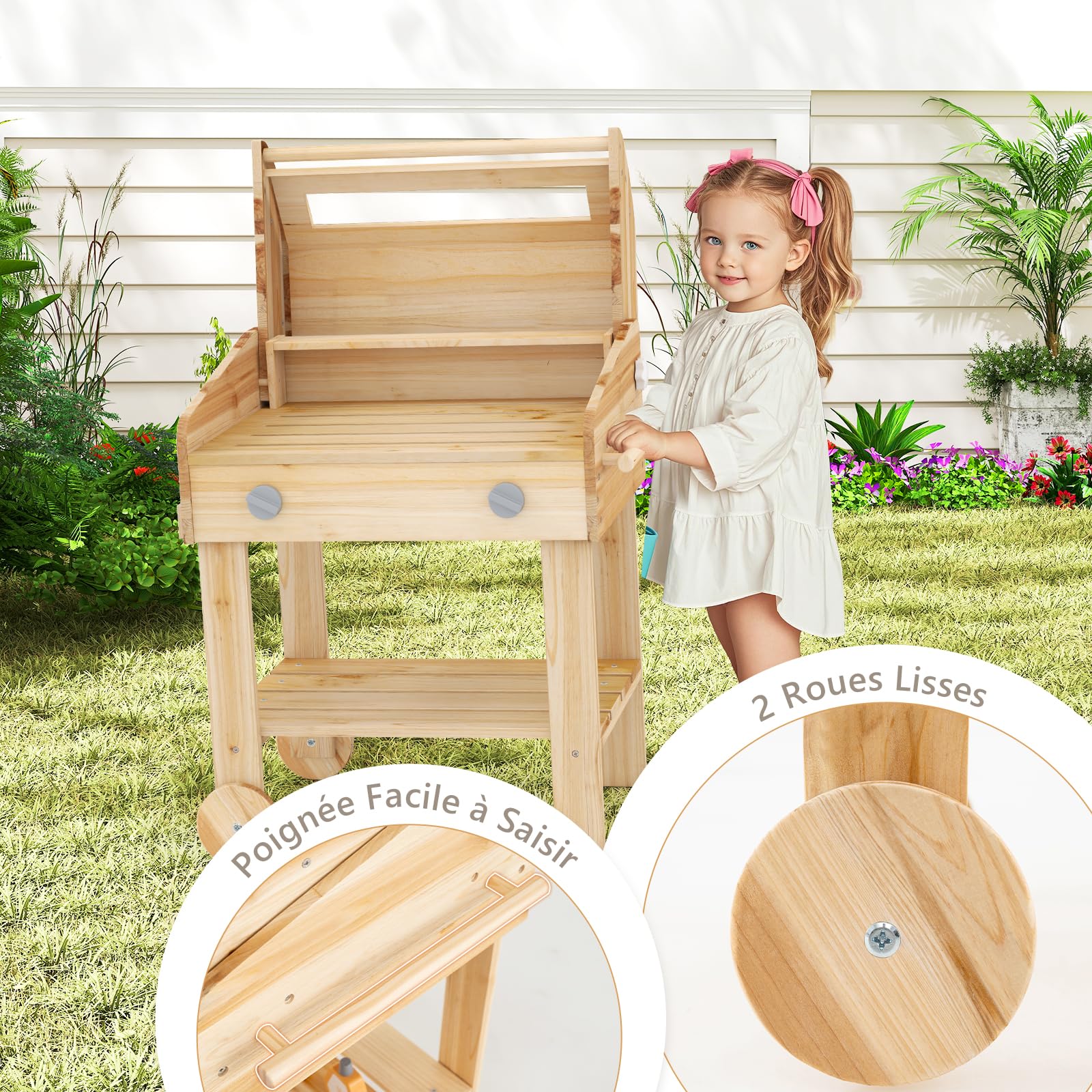 GOPLUS Barbecue en Bois Enfant, Jeu BBQ Set avec Nourriture de Jeu, Outils de Gril et Bouteilles d'Assaisonnement, Jouet de Cuisine Intérieur/Extérieur pour Enfant 3+ Ans