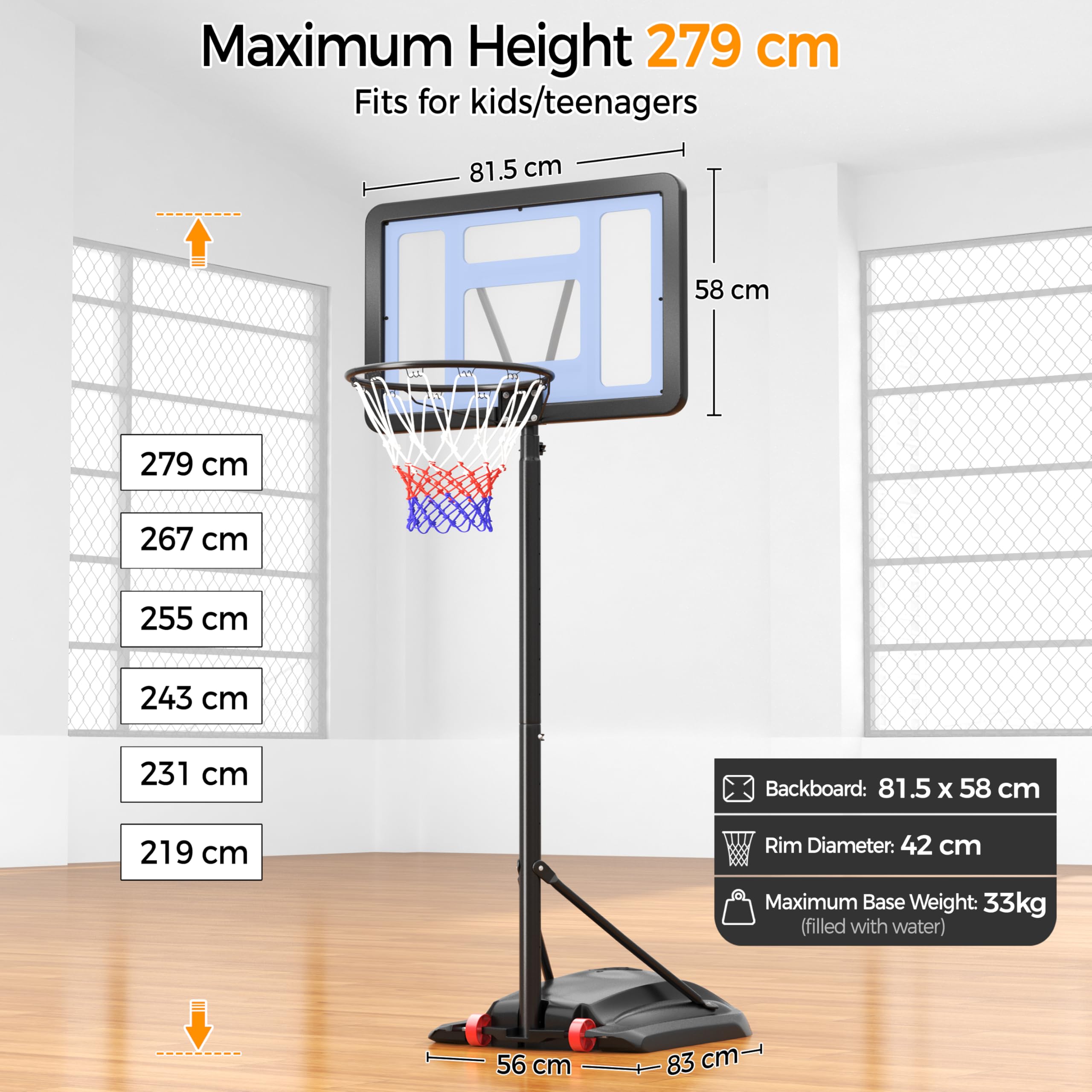 Yaheetech Basketballkorb mit Rollen Basketballständer Basketballanlage Standfuß mit Wasser oder Sand Höheverstellbar 219 bis 279 cm, Schwarz, Nylon