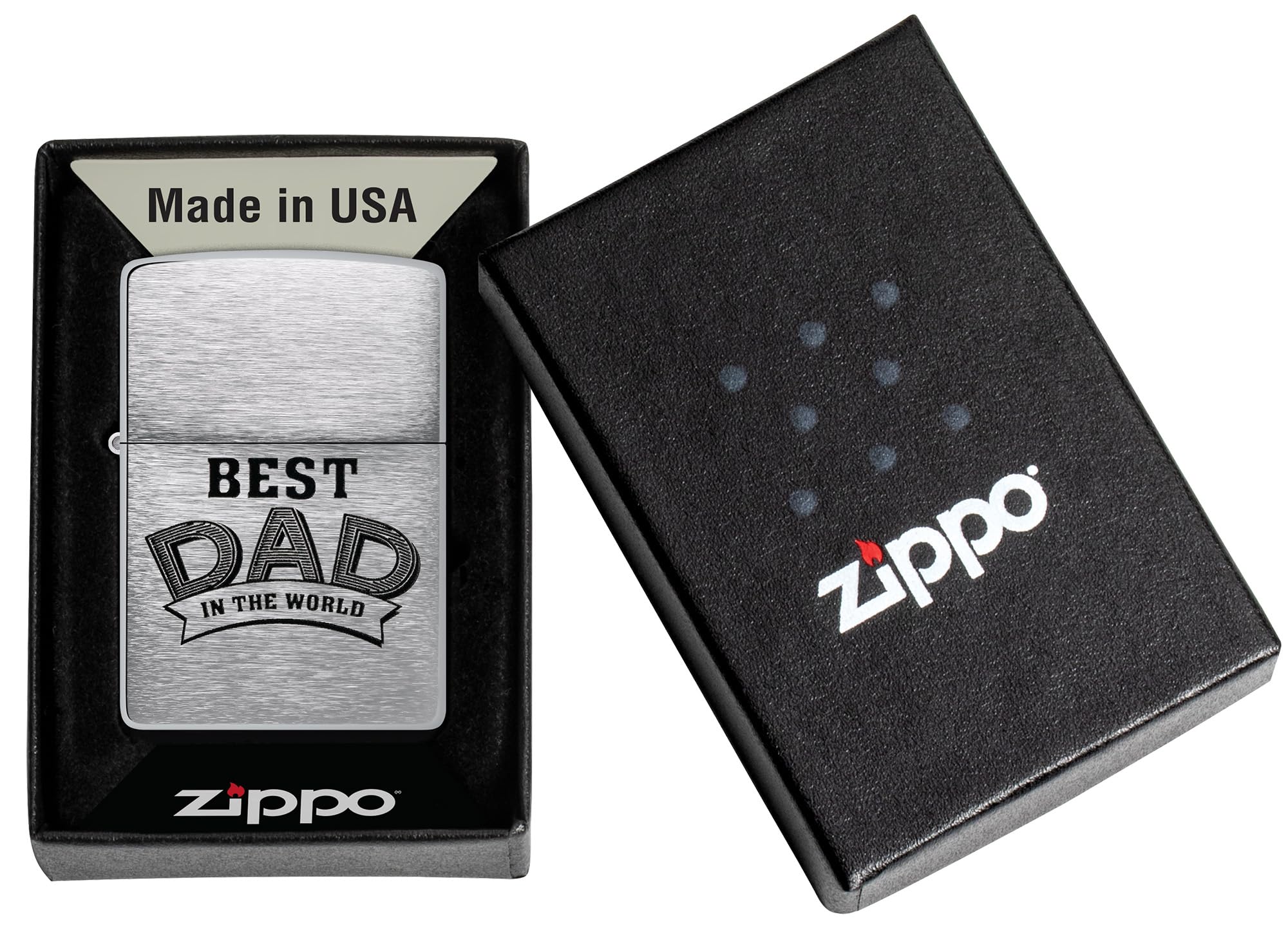 Zippo Encendedor a Prueba de Viento - Best Dad - Acabado Cromo Cepillado, Inscripción a Color - Recargable - Reutilizable - Diseño a Prueba de Viento - Caja de Regalo - Hecho en EEUU