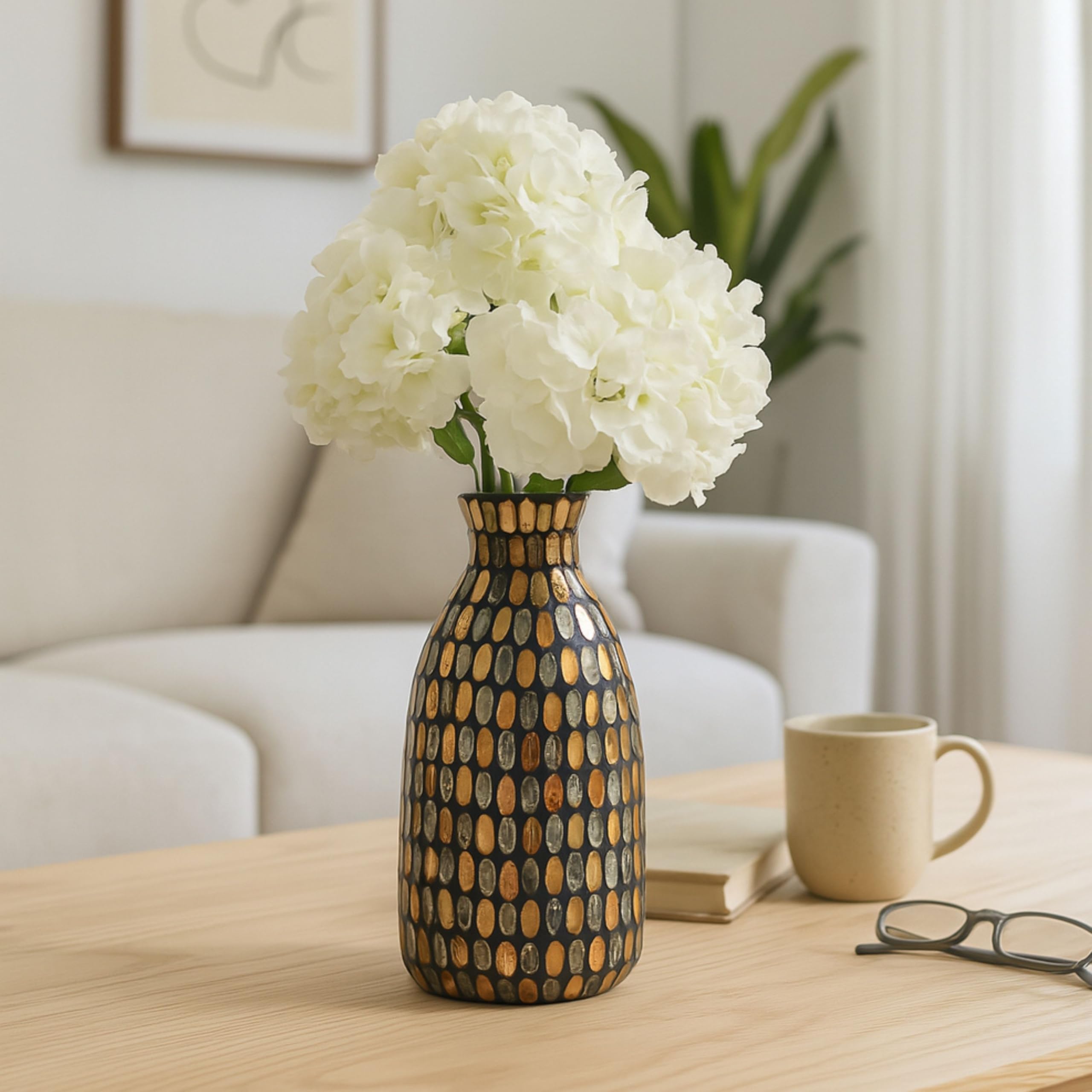 Artistic Mosaic Decorative Vase – Gold & Silver Glass Decorative Vases for Home Decor – Modern Centerpiece Flower Vases for Living Room, Bedroom &