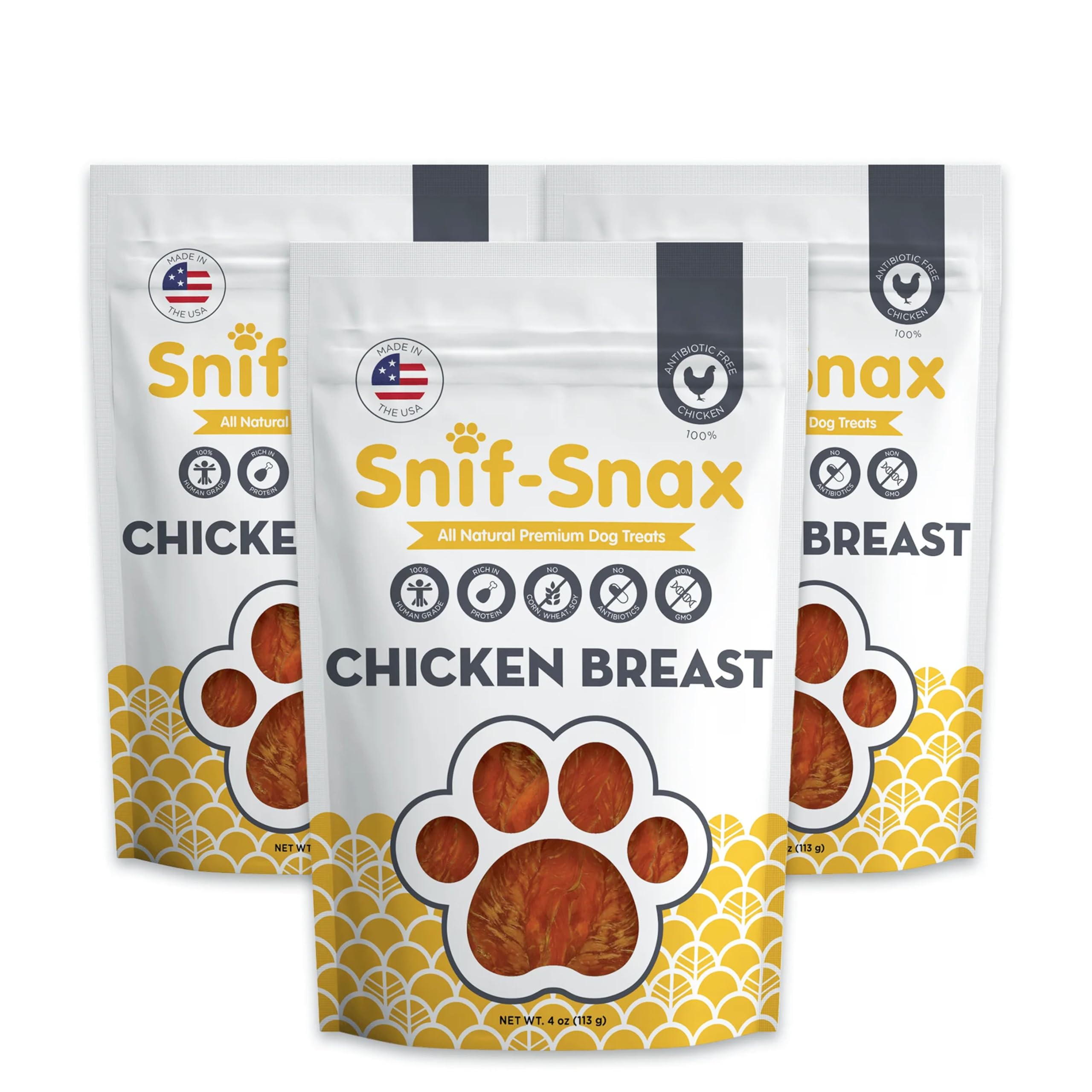 Snif-Snax Smoked Chicken Breast Dog Treats (4oz, 3-Pack) – All Natural Human Grade Jerky – Grain Free Training Treats for Dogs – Single Ingredient,