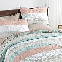 Vista 89 de Andency - Juego de ropa de cama Queen, edredón de patchwork azul mineral, 3 piezas, colcha de verano a rayas ultra suave y ligera, juego