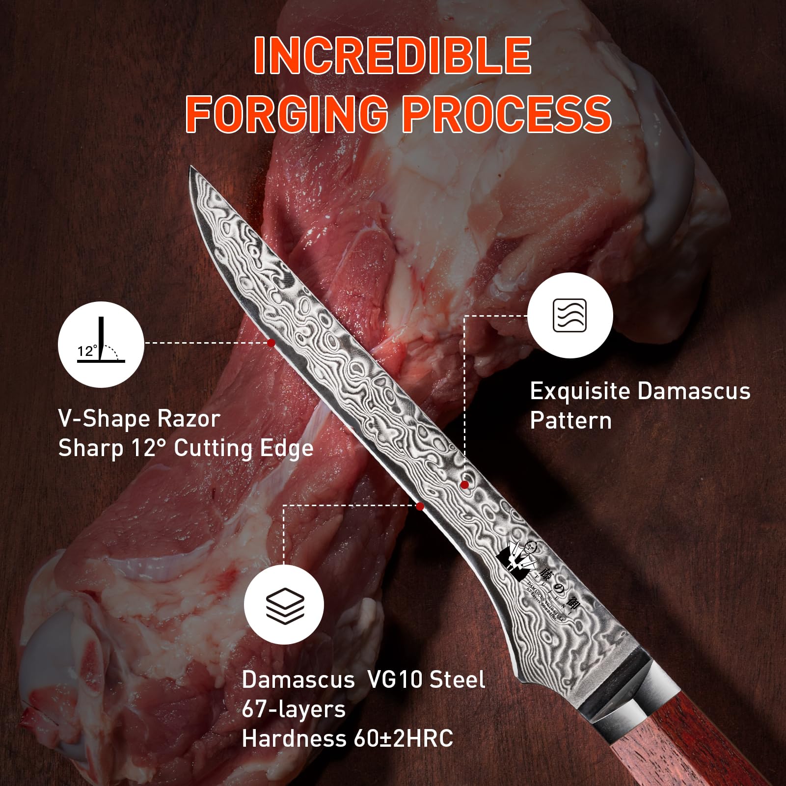 Coltelli da Disosso Damasco Coltello per Disossare Professionale 14CM - 67 Strati VG10 Acciaio al Carbonio Alto- Coltello per Filetti con Manico in Legno Naturale e Confezione Regalo