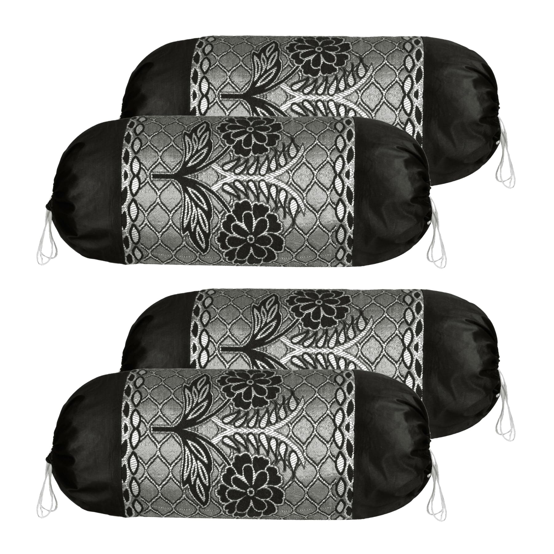 Kuber Industries Pack of 4 Aesthetic Bolster/Side Pillow Cover with Dori for Sofa & Diwan | Washable Cylindrical Takiya & Round Pillow Cover for Home Decor | Flower Design - Black Grey